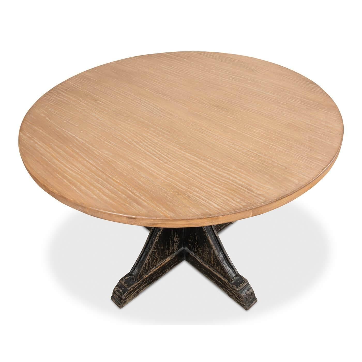 Modern Industrial round dining table with reclaimed natural pine top with black distressed base. 

Dimensions: 42
