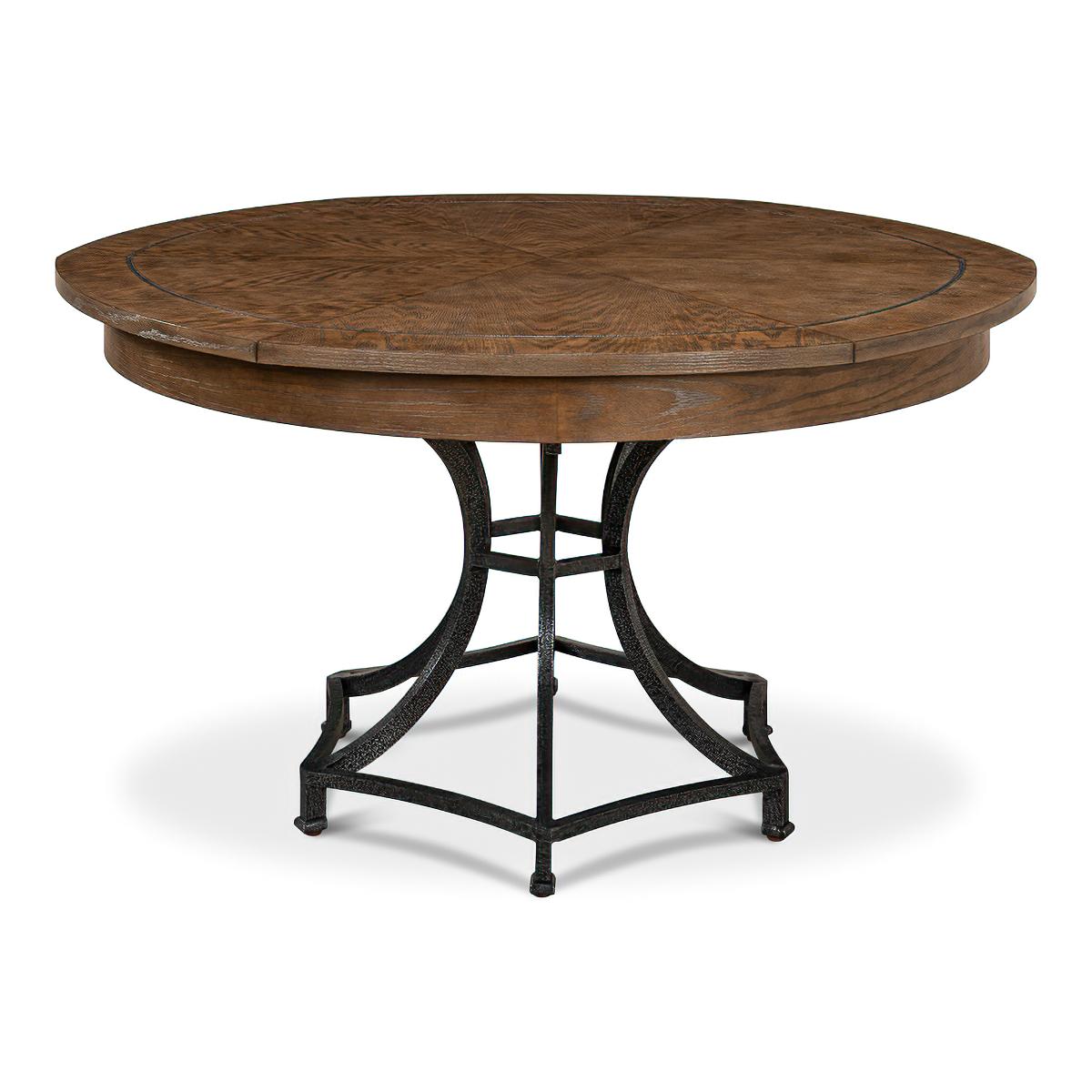 A Modern Industrial style round extending dining table. Featuring a medium oak finish top with dark hammered metal inlays on a metal pedestal column base.

Open dimensions: 70