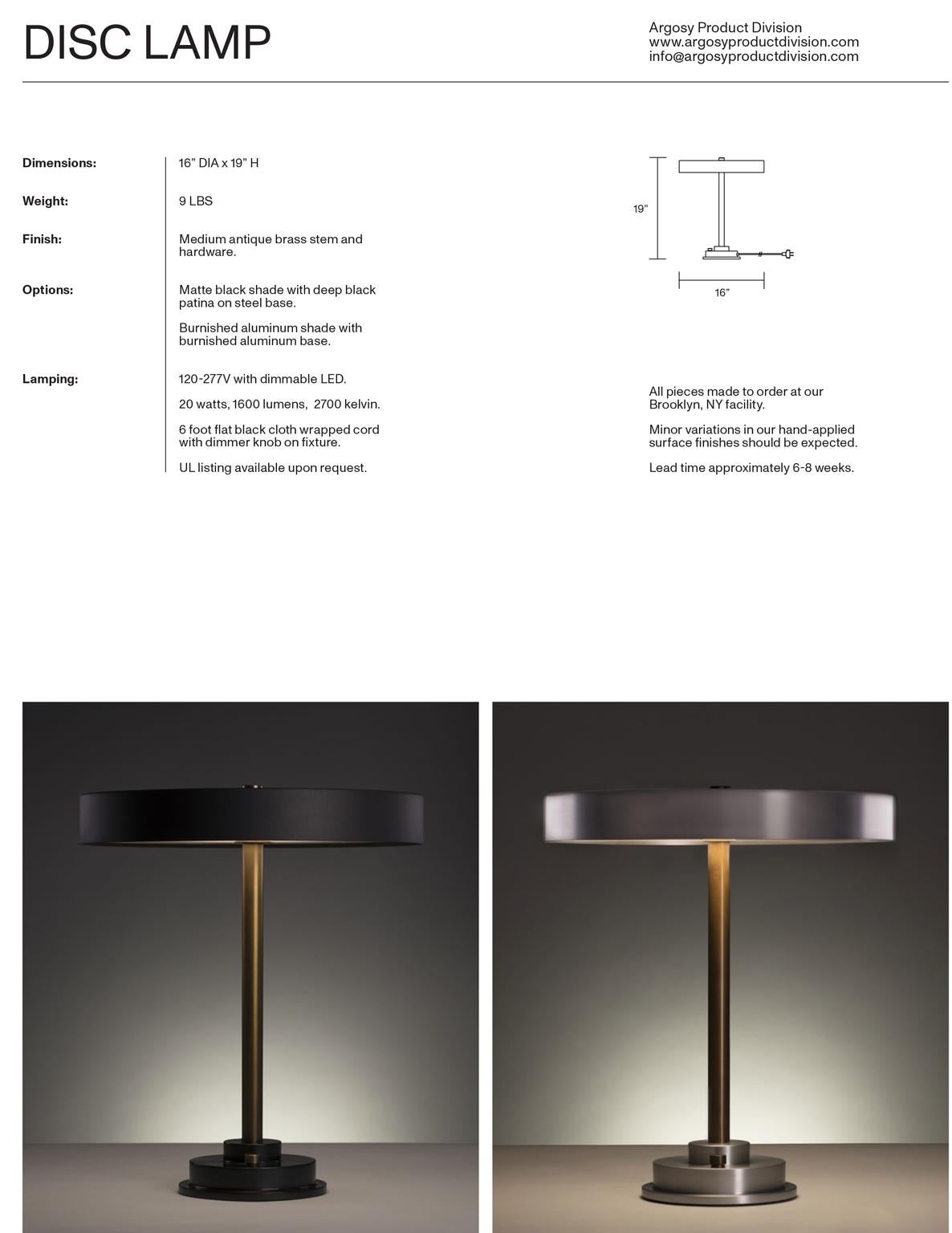 Blackened Modern Industrial Table Lamp with Matte Black Aluminum Shade and Brass Hardware