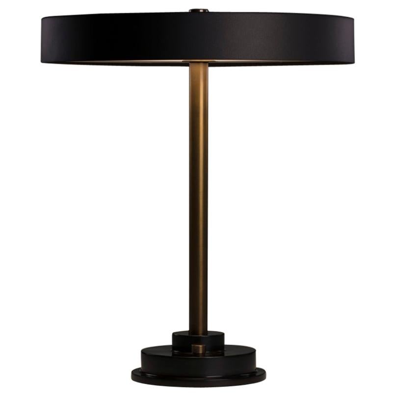 Modern Industrial Table Lamp with Matte Black Aluminum Shade and Brass Hardware