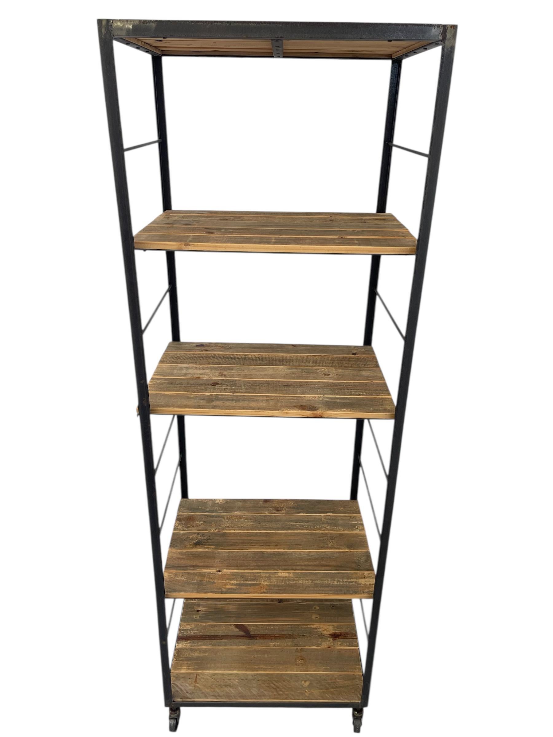 Modern Industrial Tall Bookshelf - Black Metal & Wood Display Shelving Unit In Good Condition For Sale In Seattle, WA