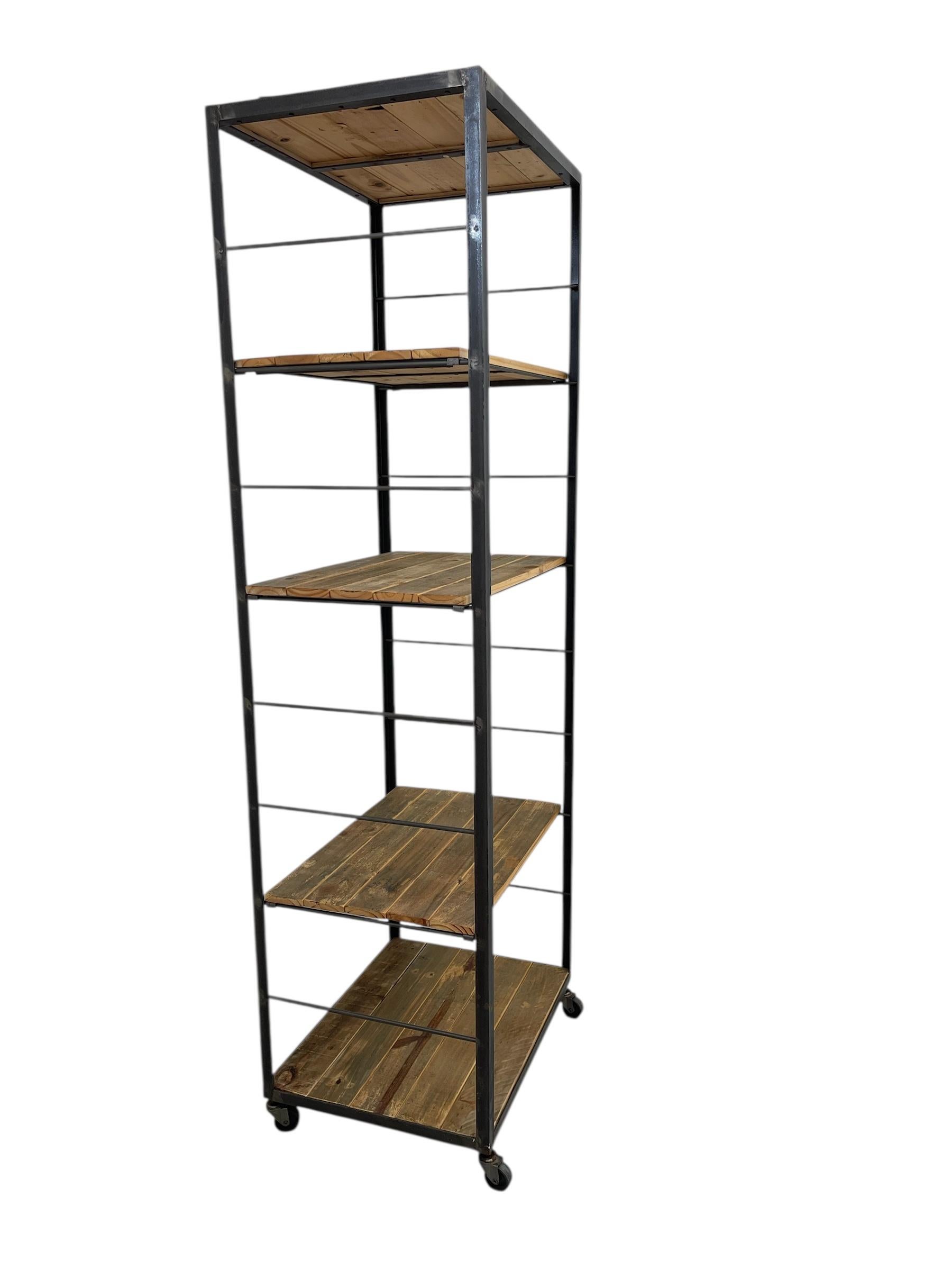 Late 20th Century Modern Industrial Tall Bookshelf - Black Metal & Wood Display Shelving Unit For Sale