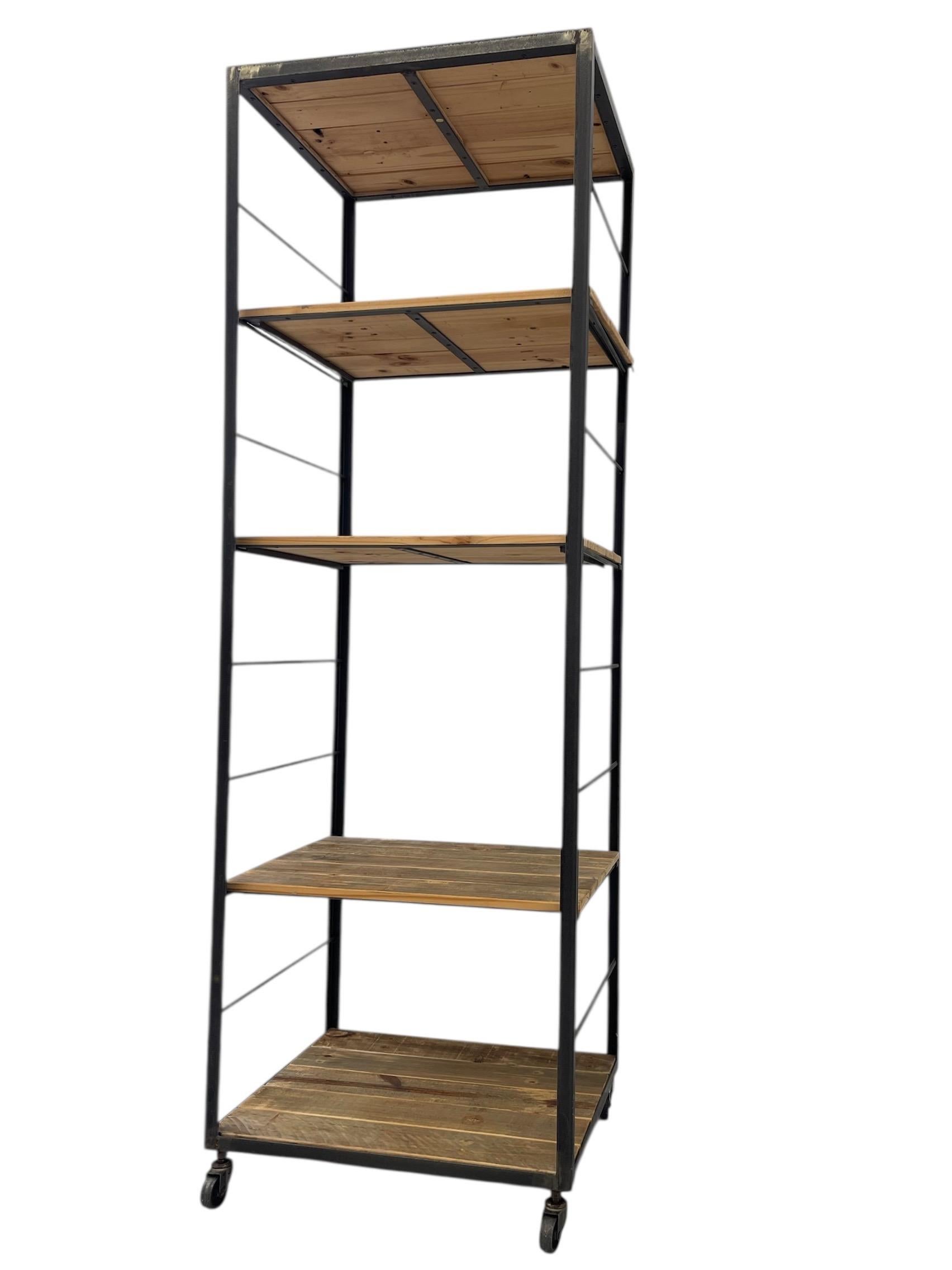 Modern Industrial Tall Bookshelf - Black Metal & Wood Display Shelving Unit For Sale 1