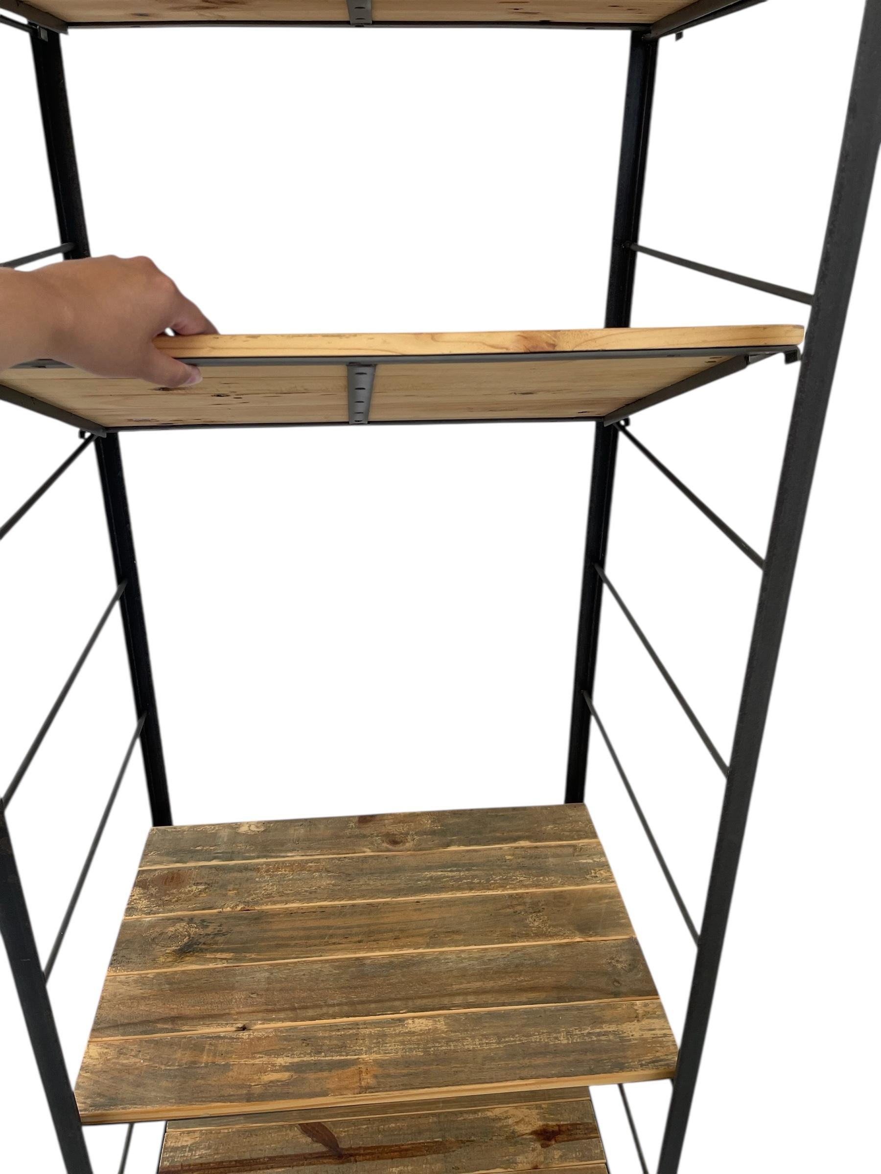 Modern Industrial Tall Bookshelf - Black Metal & Wood Display Shelving Unit For Sale 4
