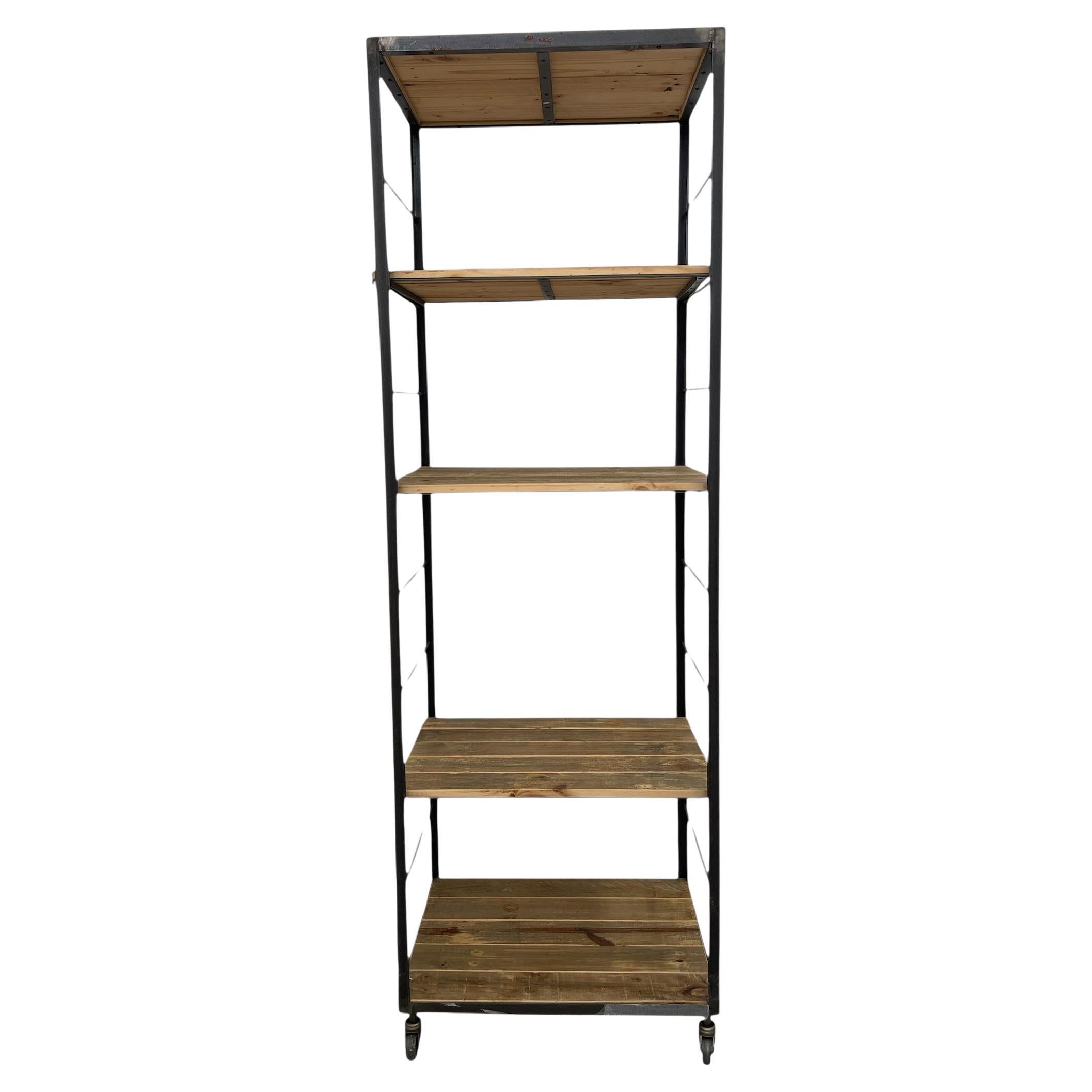 Modern Industrial Tall Bookshelf - Black Metal & Wood Display Shelving Unit For Sale