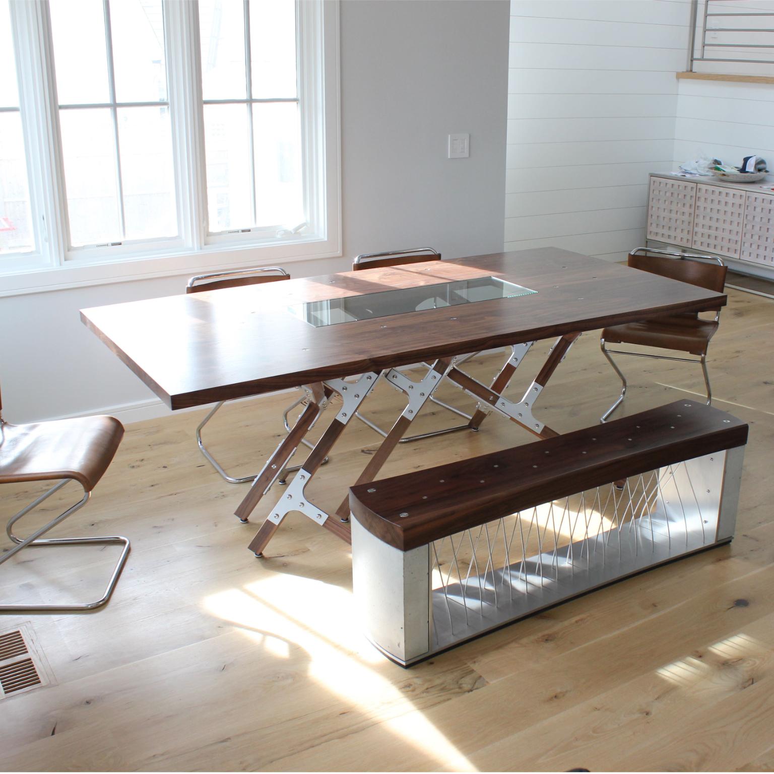 American Modern Industrial Walnut Top Dining Table by Peter Harrison Made to Order For Sale