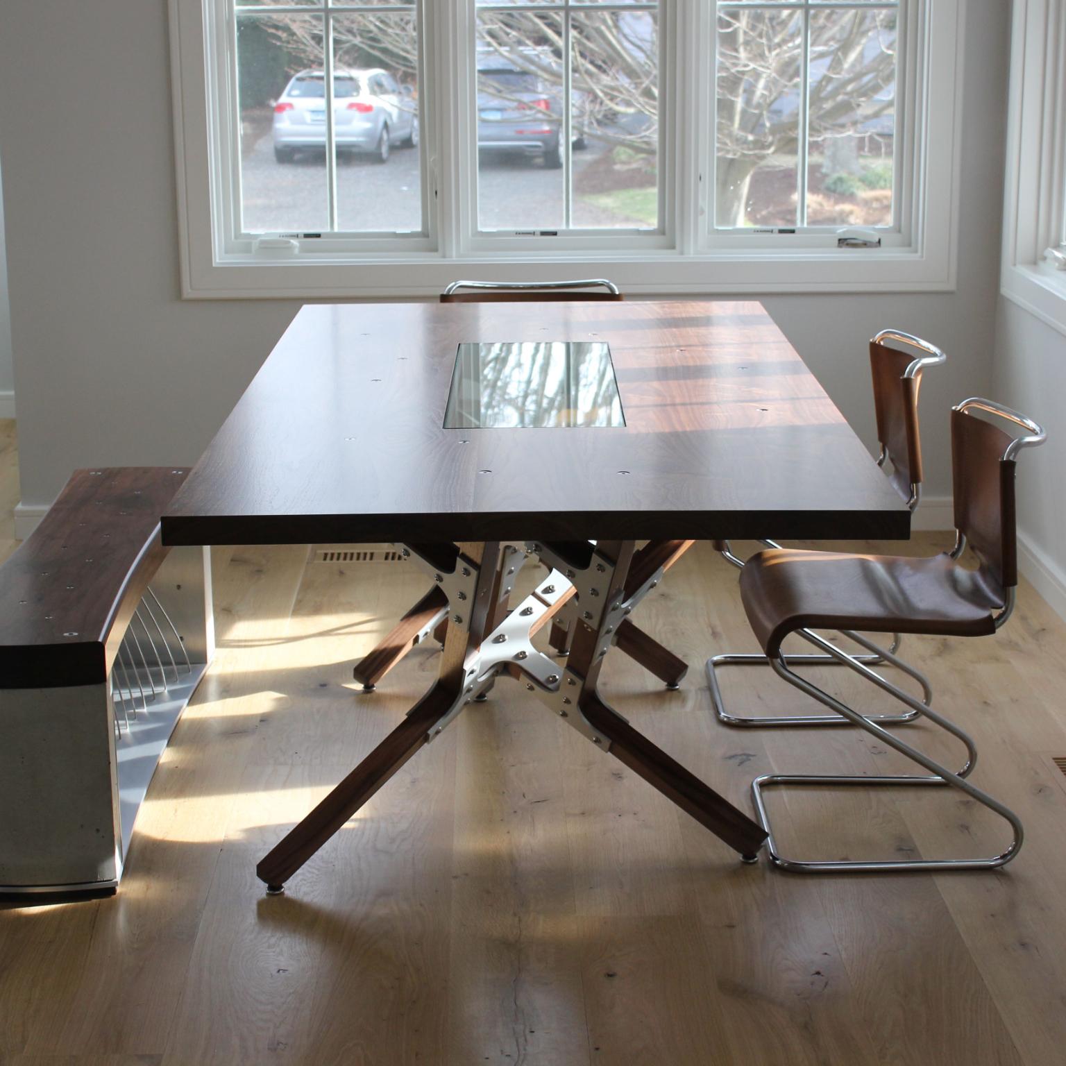 Modern Industrial Walnut Top Dining Table by Peter Harrison Made to Order In New Condition For Sale In Middle Grove, NY