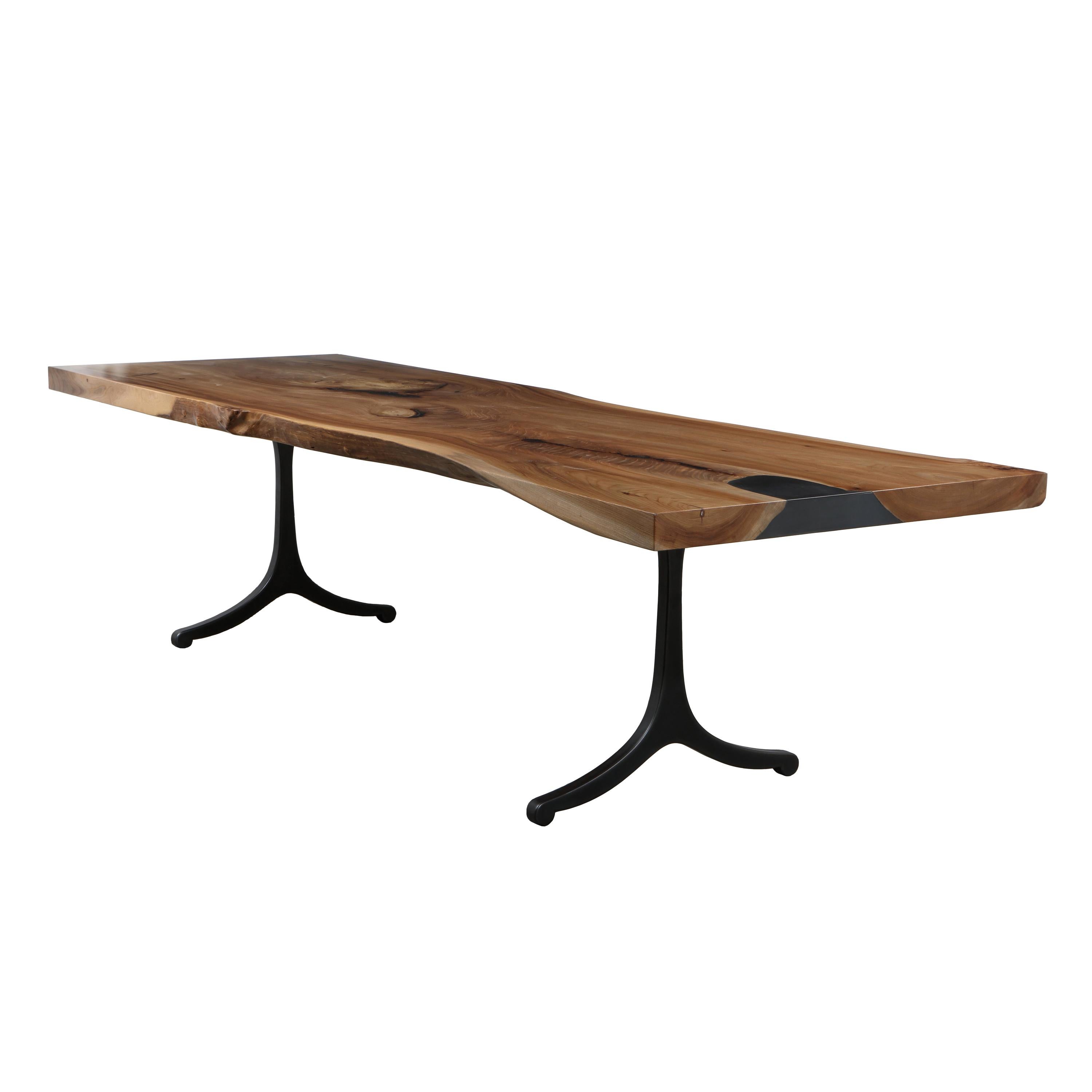 Modern Industry Live Edge Dining Table in Elm with Wishbone Legs