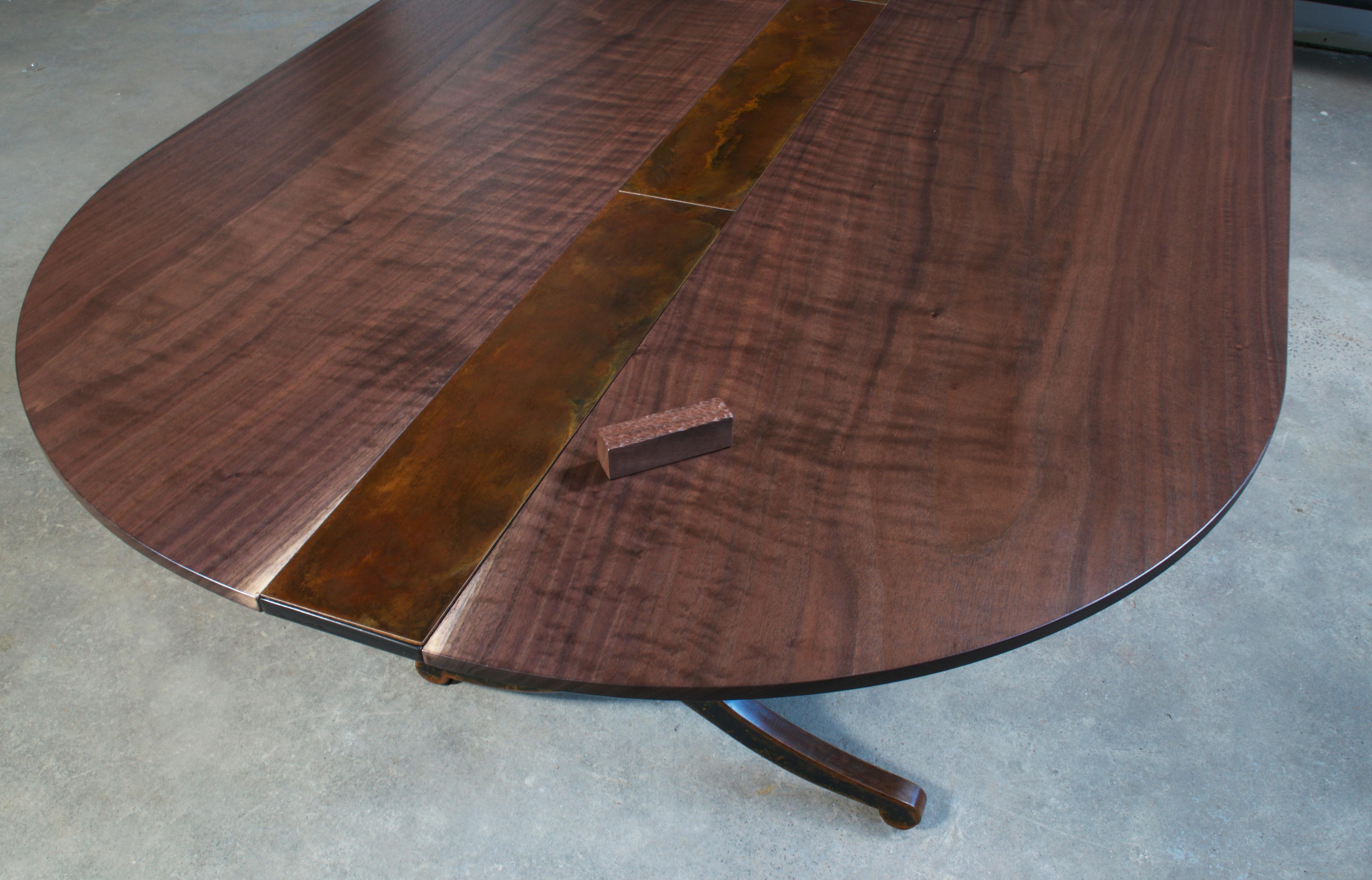 American Modern Industry Oval Dining Table in Walnut and Oxidized Steel Wishbone Legs For Sale
