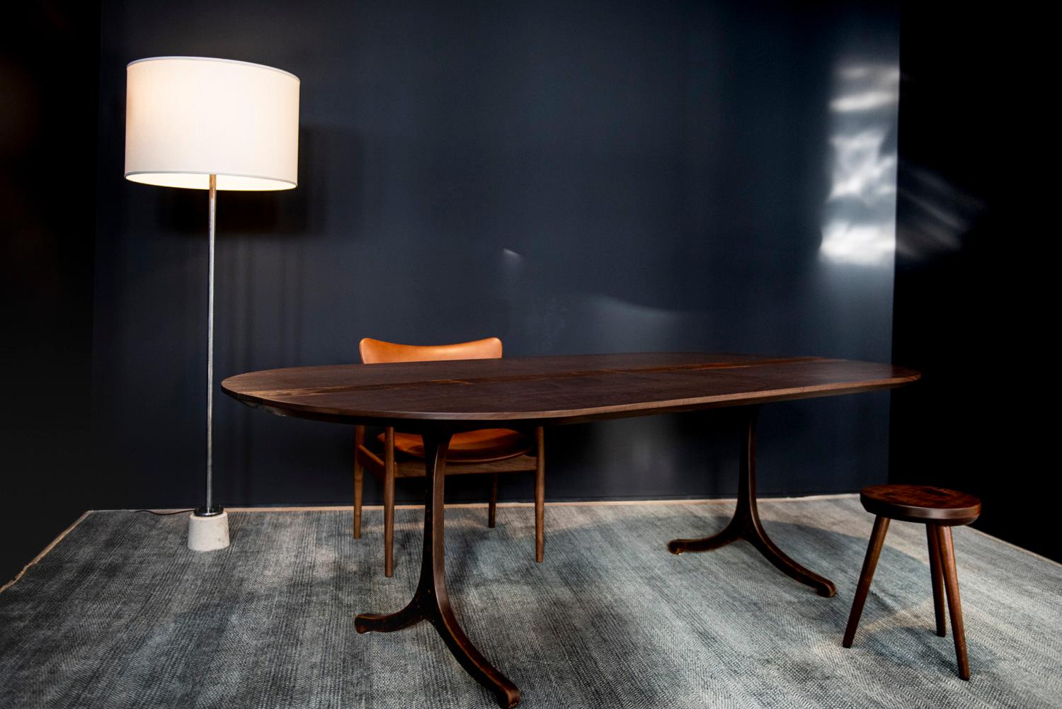 Modern Industry Oval Dining Table in Walnut and Oxidized Steel Wishbone Legs In New Condition For Sale In Downers Grove, IL