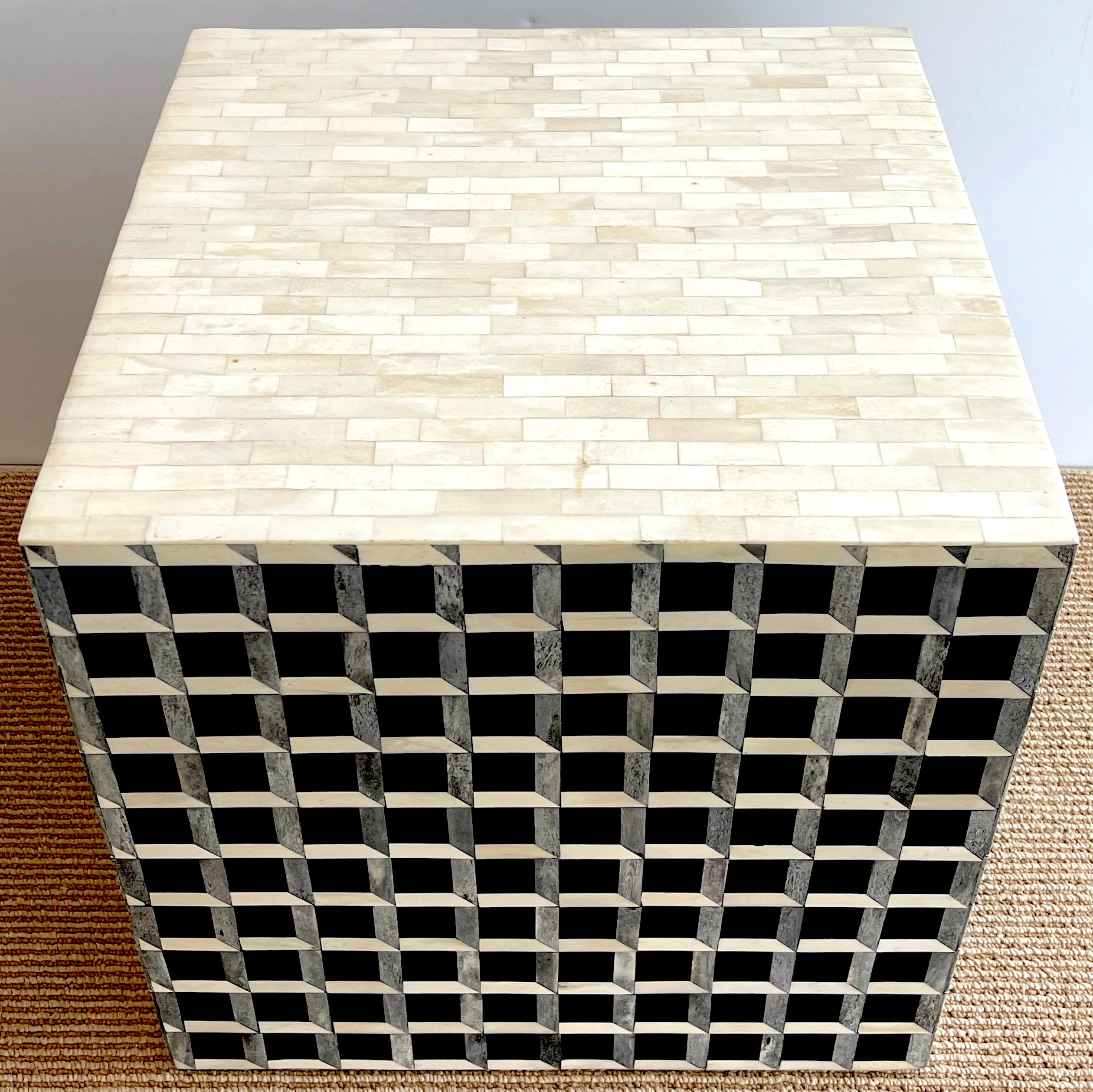 Inlay Modern Inlaid Bone & Ebony Op Art Geometric Cube Table
