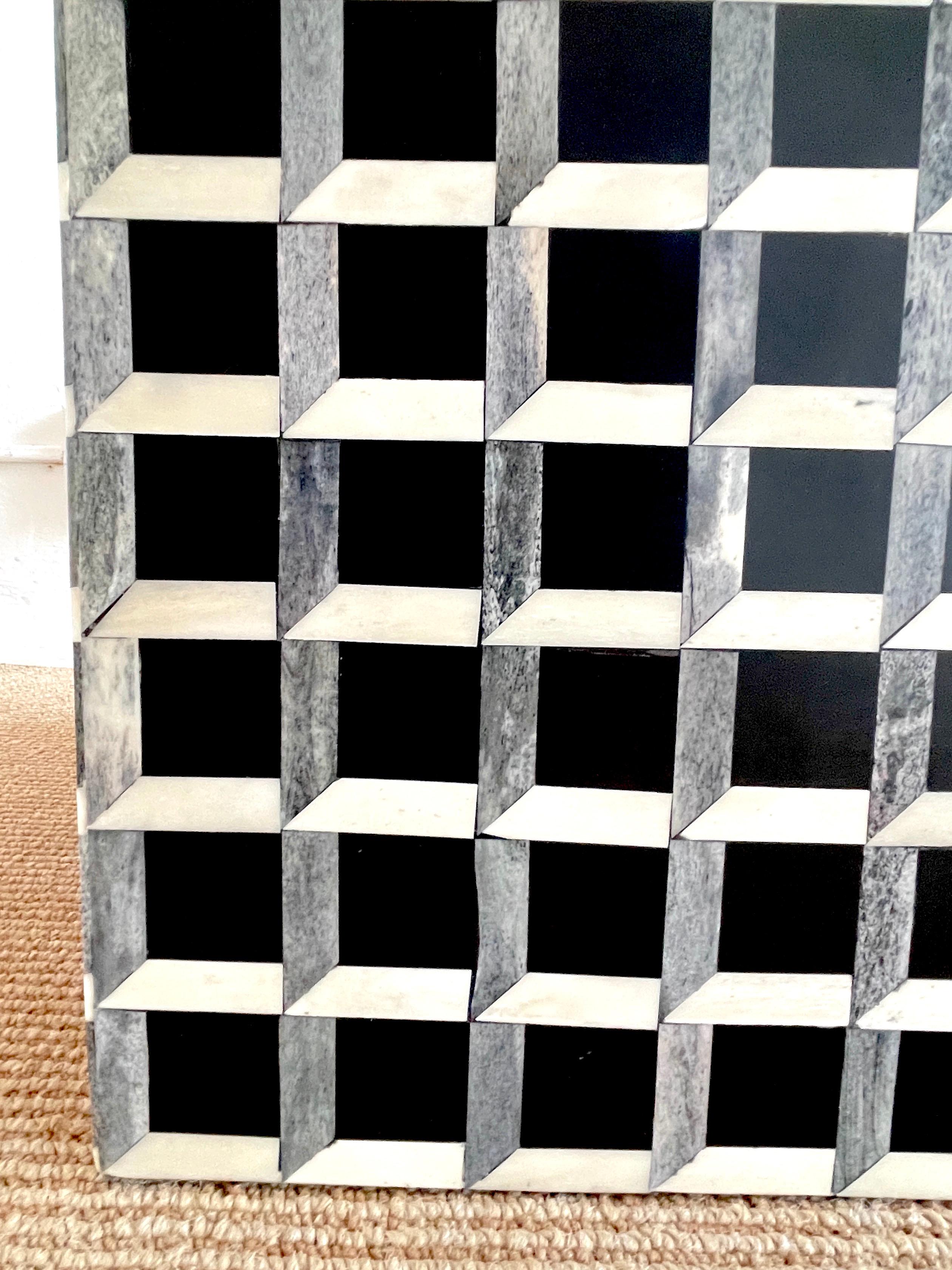 Modern Inlaid Bone & Ebony Op Art Geometric Cube Table 1