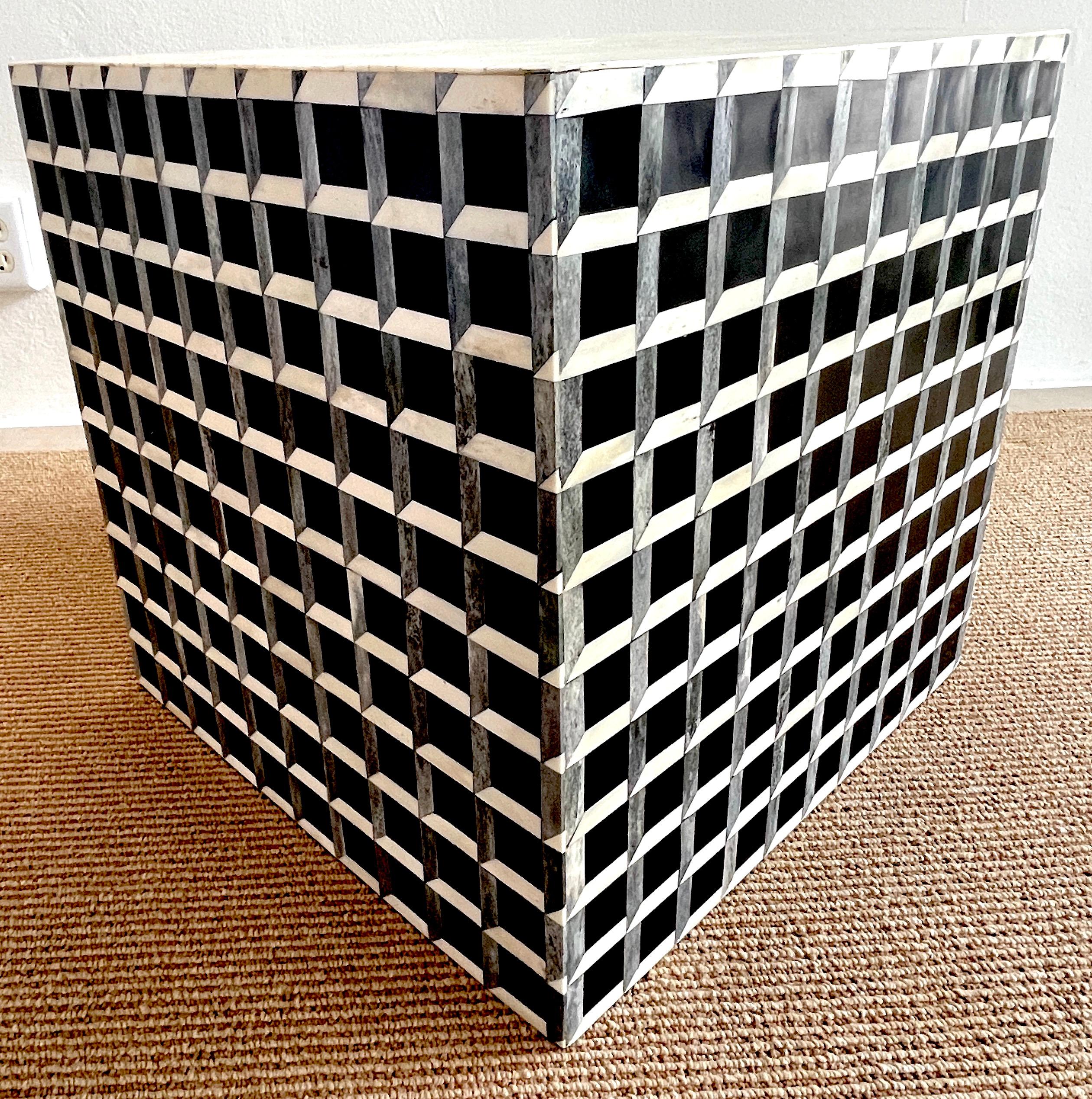 Modern Inlaid Bone & Ebony Op Art Geometric Cube Table 2