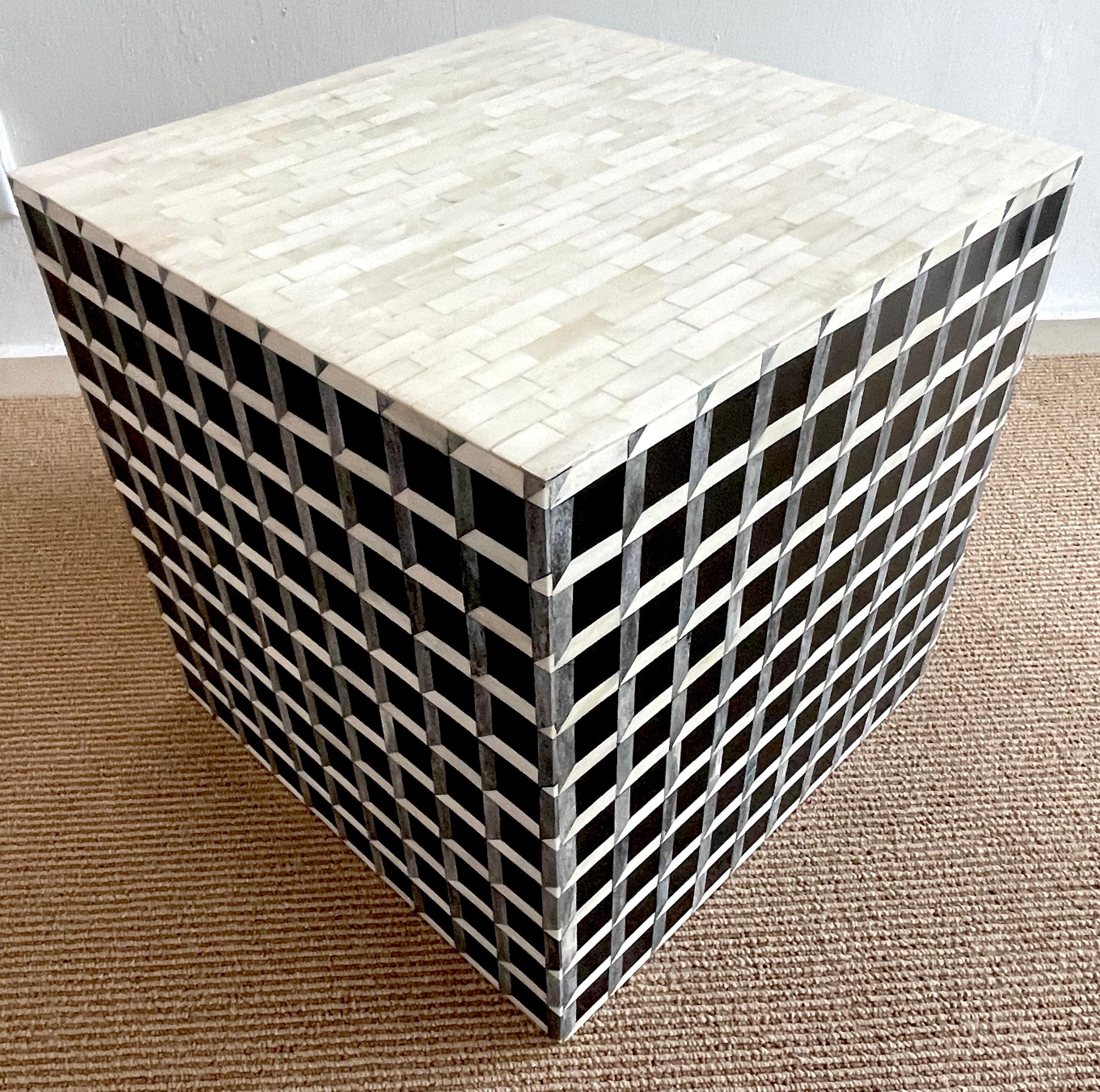 Modern Inlaid Bone & Ebony Op Art Geometric Cube Table 3