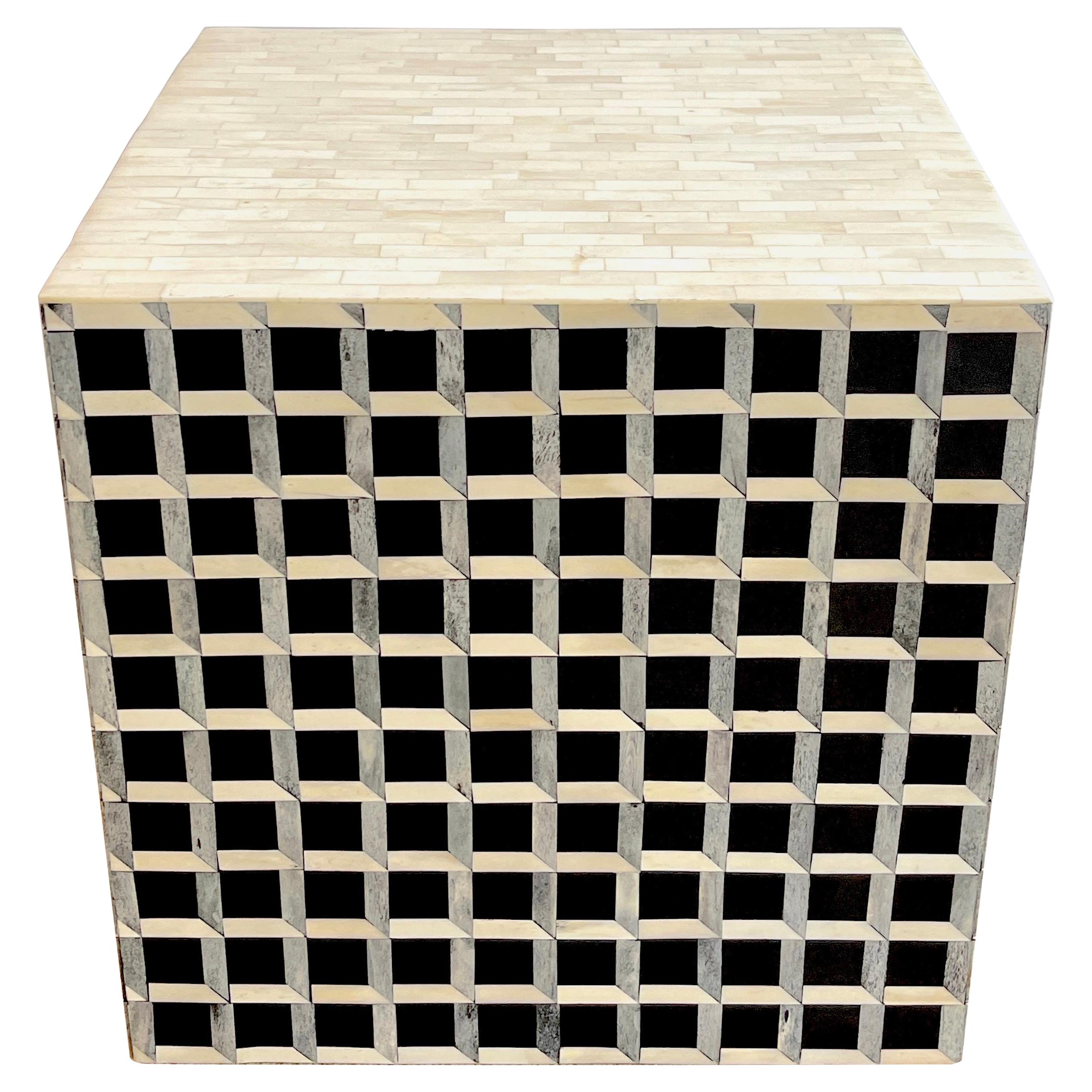 Modern Inlaid Bone & Ebony Op Art Geometric Cube Table