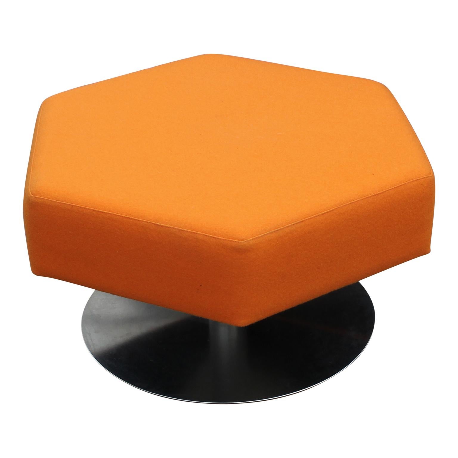 Comfy modern interconnecting hexagonal modular stool or ottoman. They are from the six Collection by Nienkamper. They are covered in their original fabric, but they can be recovered by COM if desired. We suggest cleaning the fabric if they are not
