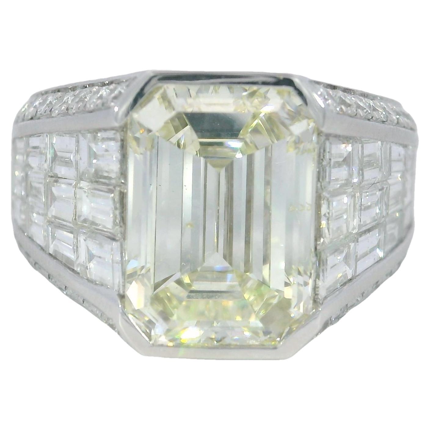Invisible Set Diamond Emerald Cut Ring ~8.22CTW in 18 Karat White Gold Size 7.5 For Sale