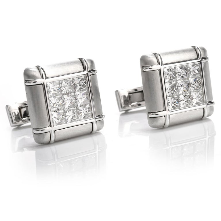 Modern Invisibly Set Square Princess Cut Diamond Cufflink Set For Sale