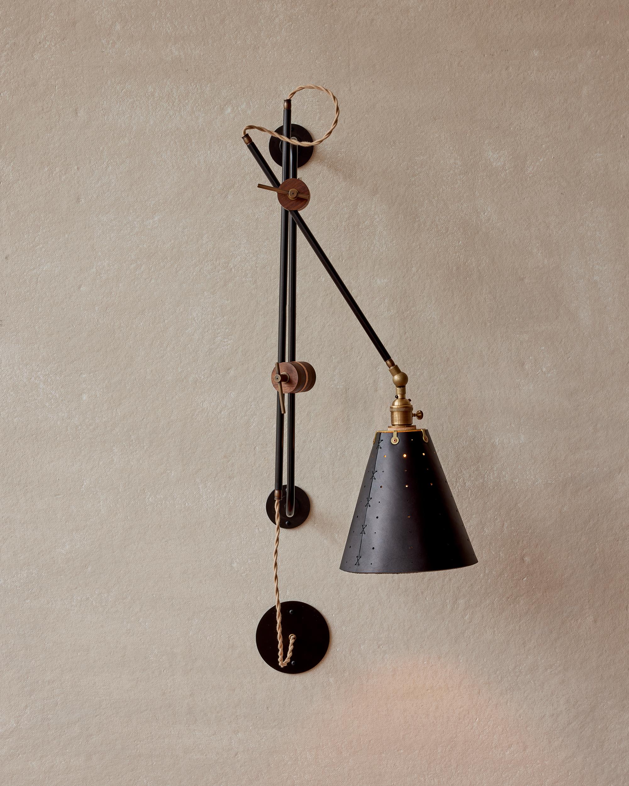 Modern Iron and Black Leather Grace Articulating Wall Sconce, Hardwired For Sale 3
