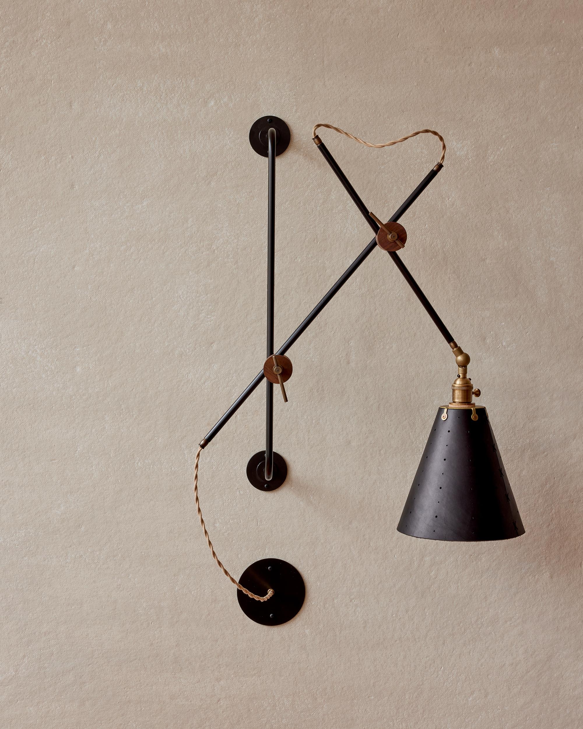 Modern Iron and Black Leather Grace Articulating Wall Sconce, Hardwired In New Condition For Sale In Philadelphia, PA