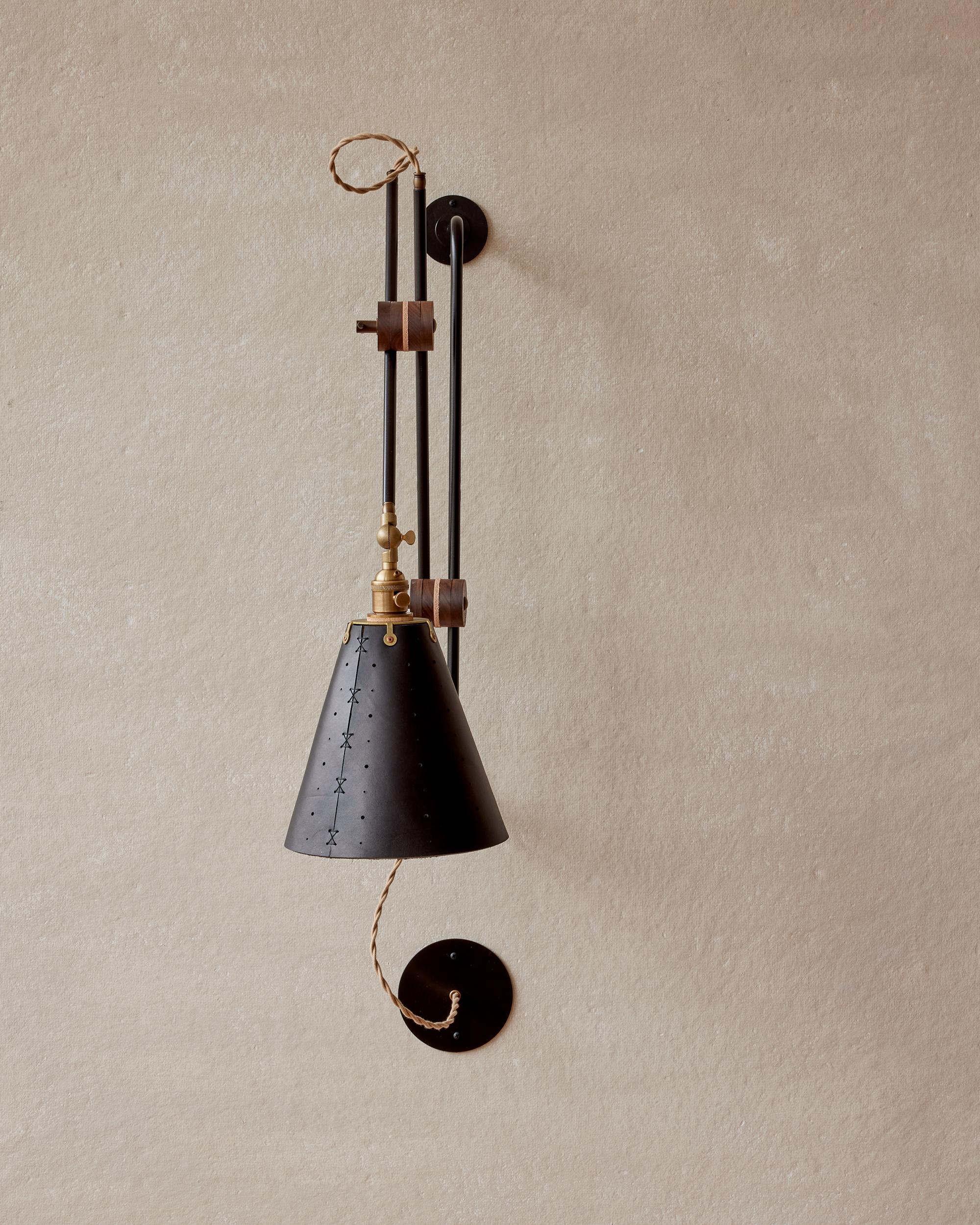 Contemporary Modern Iron and Black Leather Grace Articulating Wall Sconce, Hardwired For Sale