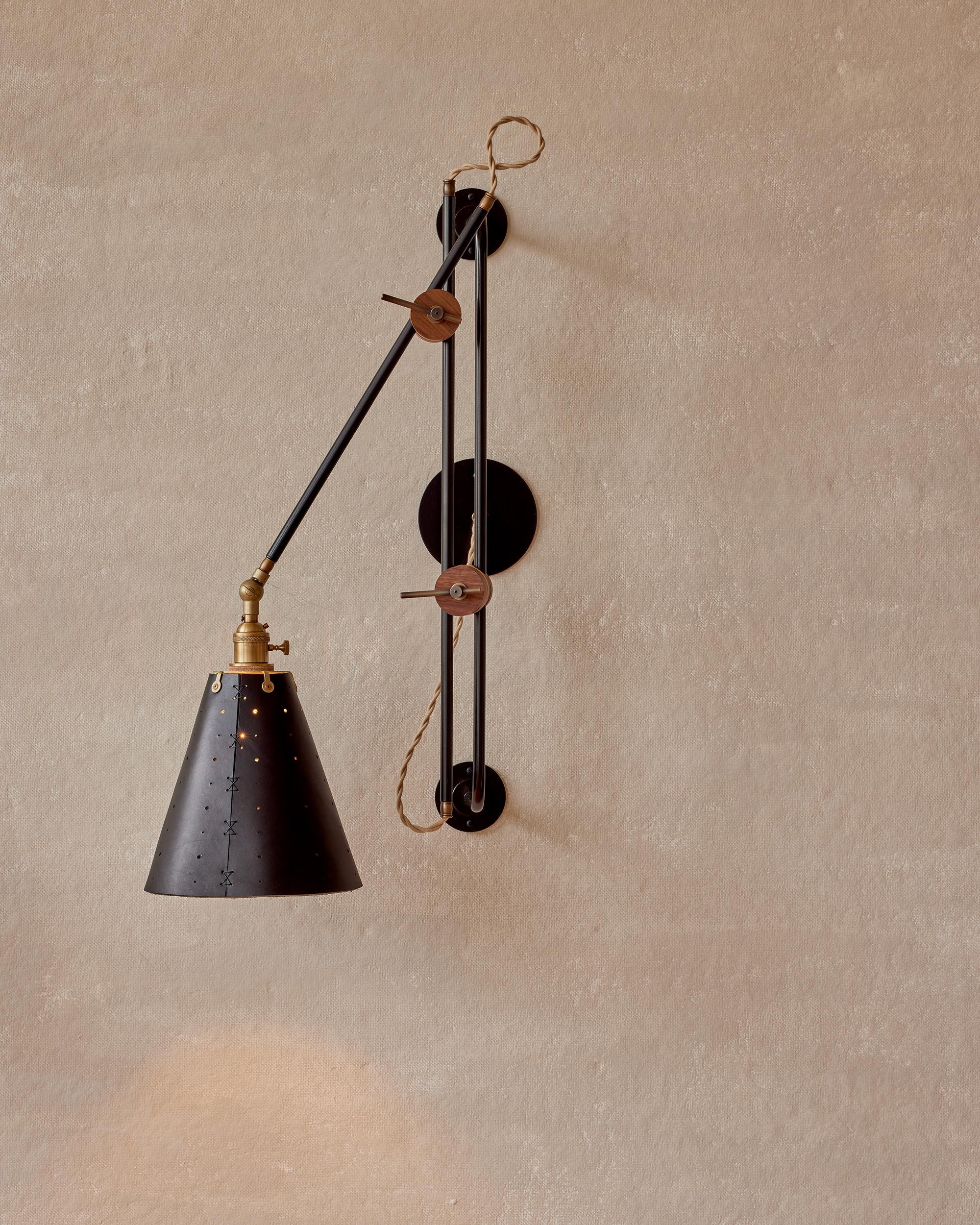 Brass Modern Iron and Black Leather Grace Articulating Wall Sconce, Hardwired For Sale