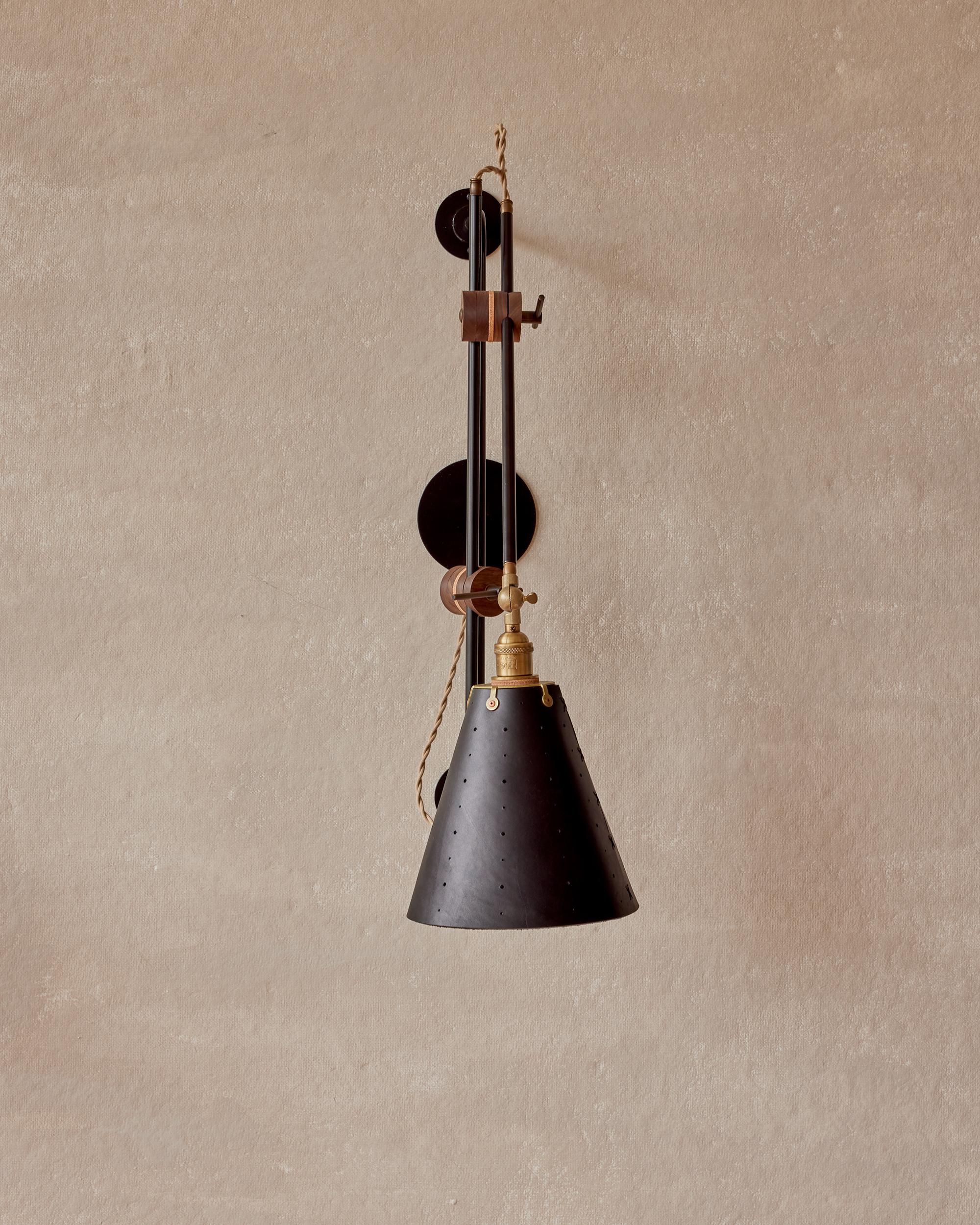 Modern Iron and Black Leather Grace Articulating Wall Sconce, Hardwired For Sale 6