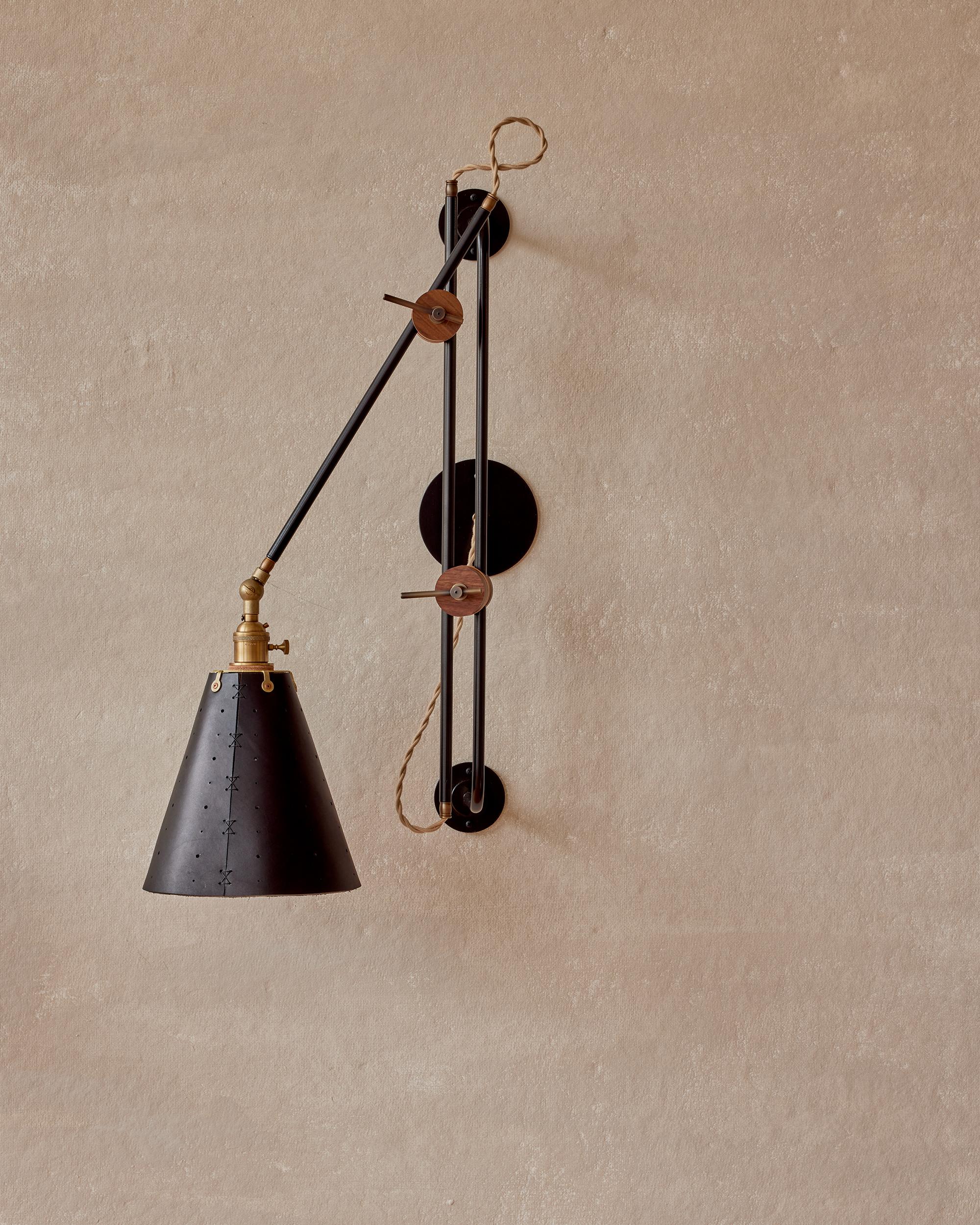 Modern Iron and Black Leather Grace Articulating Wall Sconce, Hardwired For Sale 2