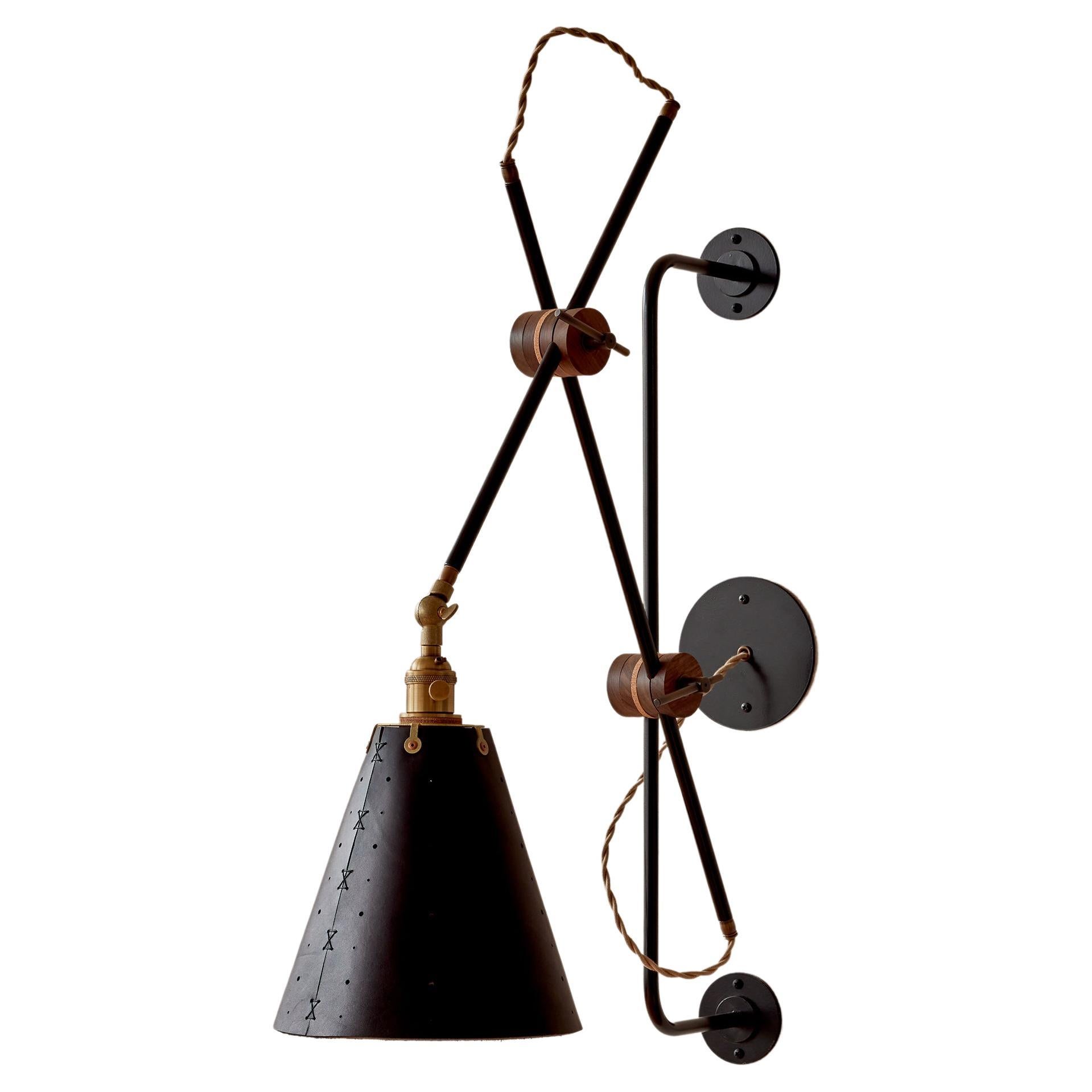 Modern Iron and Black Leather Grace Articulating Wall Sconce, Hardwired For Sale