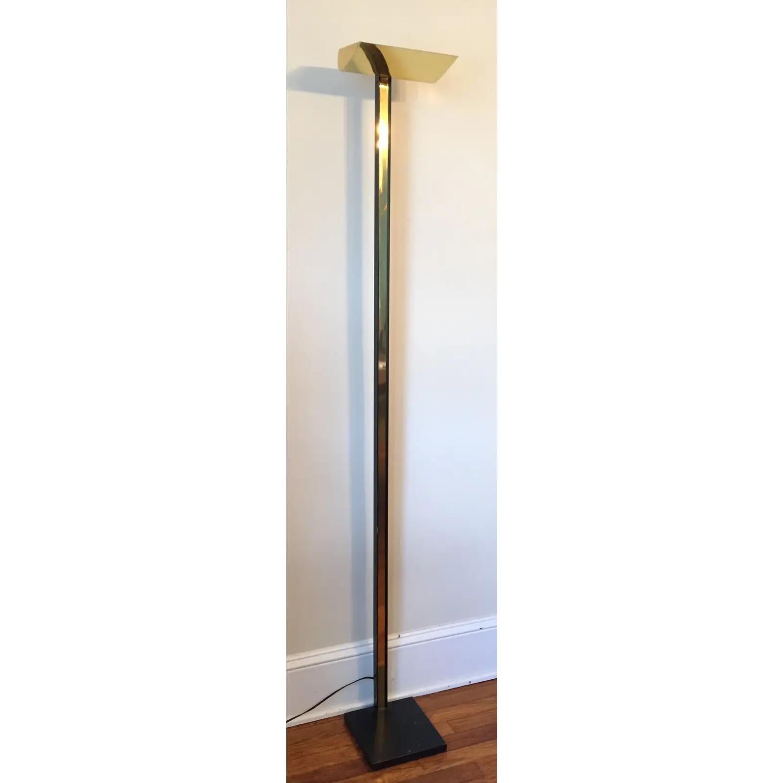 Beautiful iron and brass DECO Modern Torchiere. Unique elegant simplicity. Black iron base and frame with brass banded insert and shade. In the manner of Relco. On dimmer.
Curbside to NYC/Philly $350