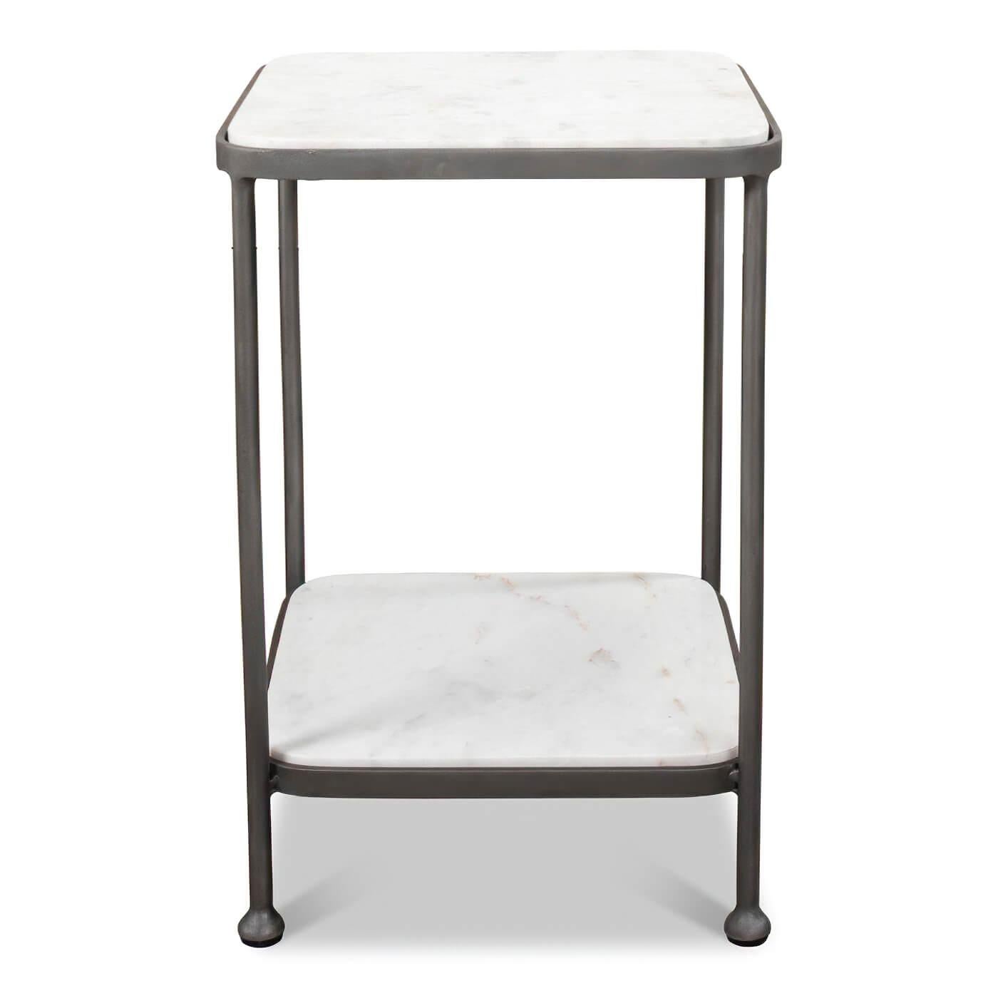 This side table features a gunmetal finish frame with a Banswara white marble top and lower shelf. 

Dimensions: 15