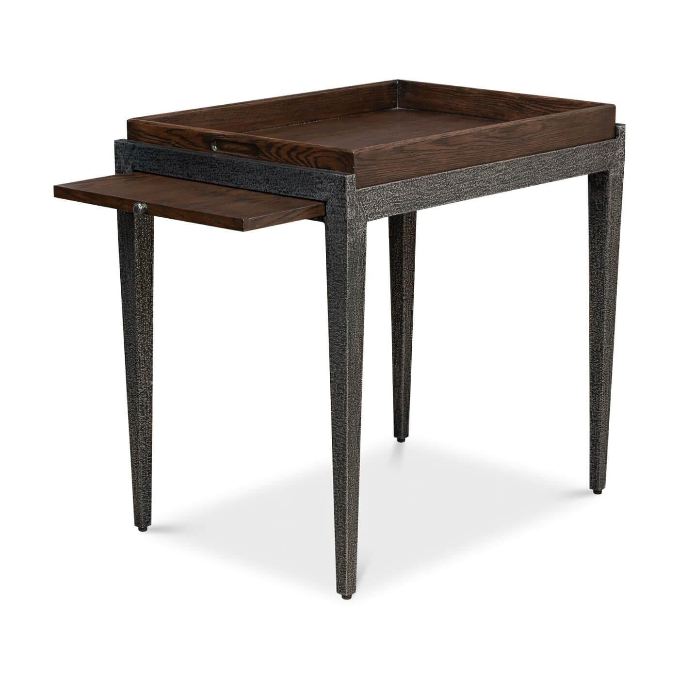 A modern iron and oak end table with a straight-lined contemporary design. It is crafted from walnut and oak veneers and given our burnt brown oak finish. With a large slide-out candle slide.

Dimensions
20 in. W x 28 in. D x 27 in. H.
 