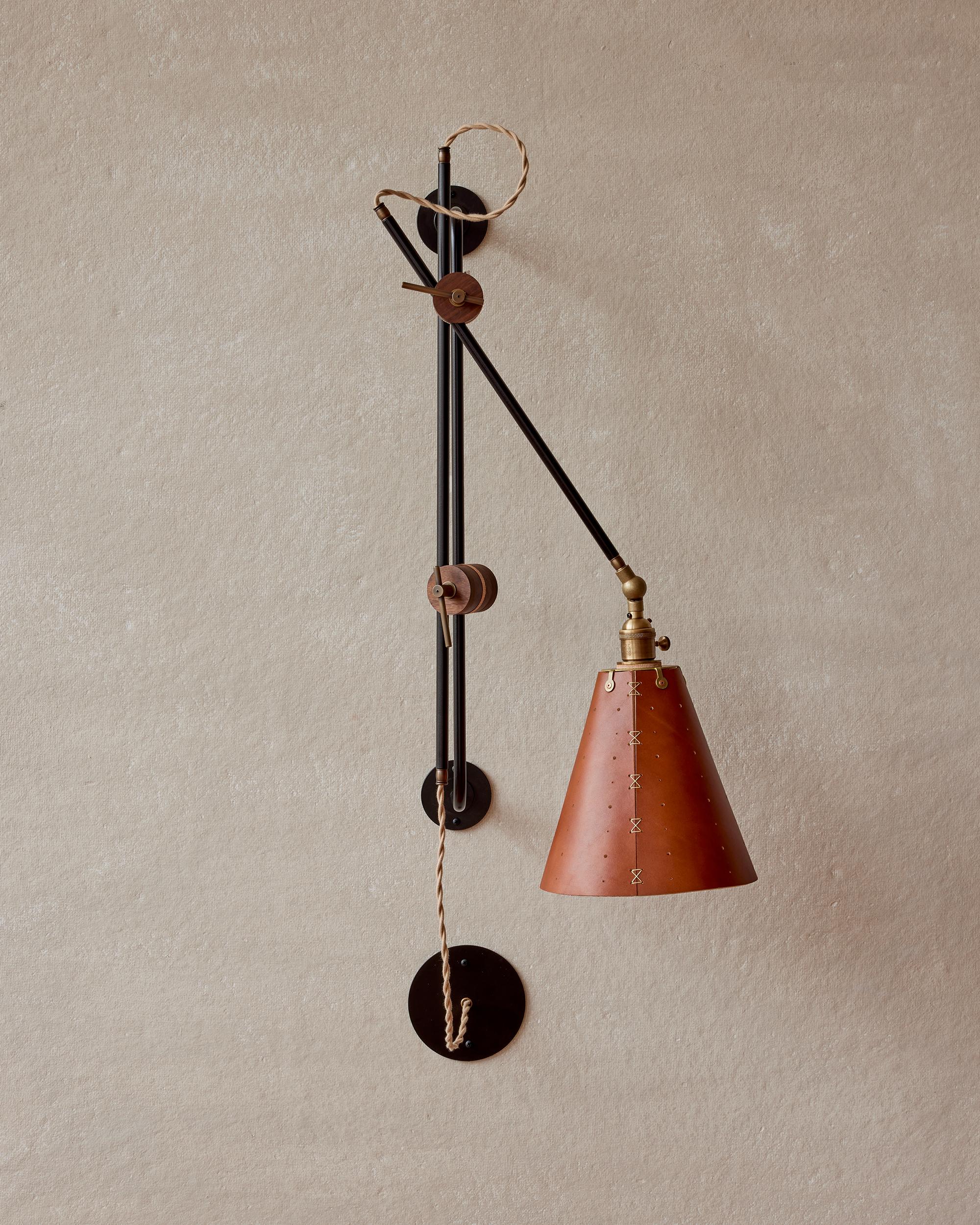 Contemporary Modern Iron and Tan Leather Grace Articulating Wall Sconce, Hardwired For Sale