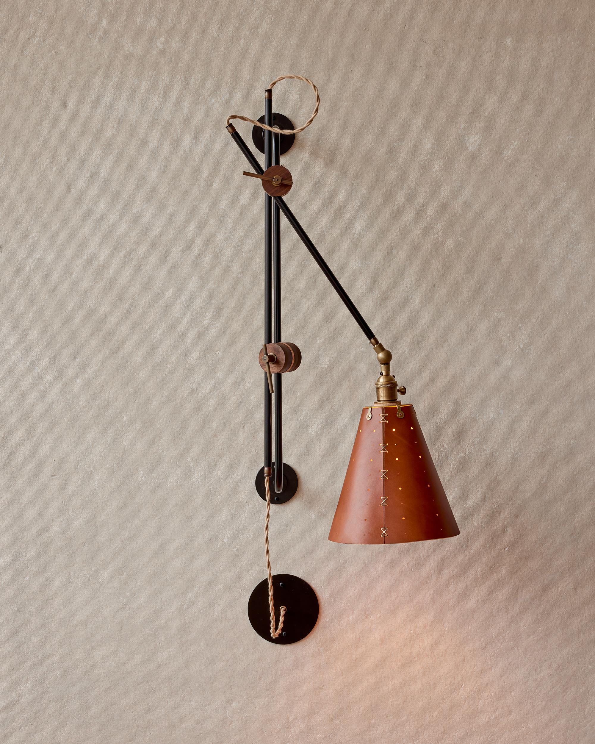 Brass Modern Iron and Tan Leather Grace Articulating Wall Sconce, Hardwired For Sale