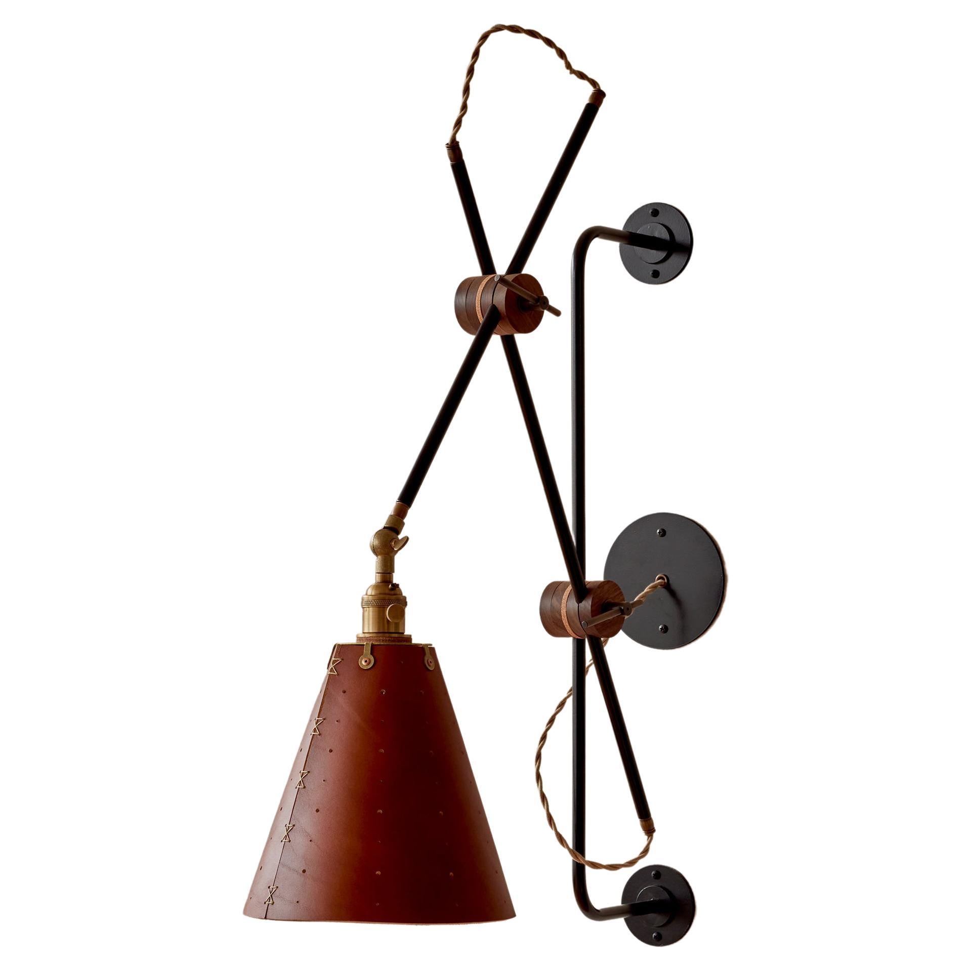 Modern Iron and Tan Leather Grace Articulating Wall Sconce, Hardwired For Sale