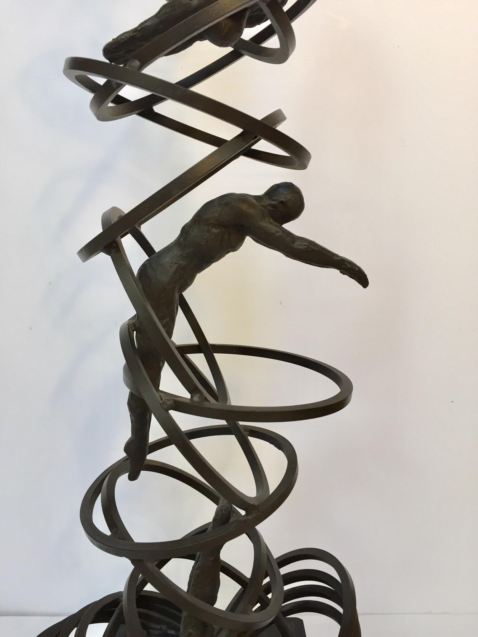 Vintage Modern Iron Brutalist Sculpture of Divers on Marble Stand For Sale 1