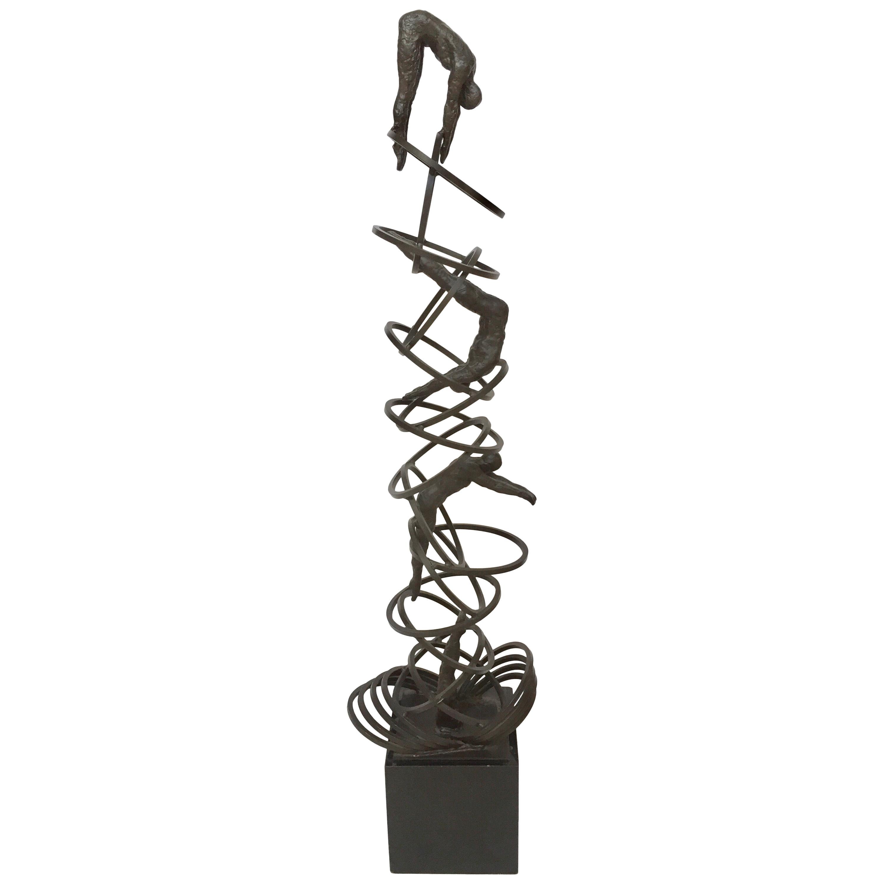 Vintage Modern Iron Brutalist Sculpture of Divers on Marble Stand For Sale