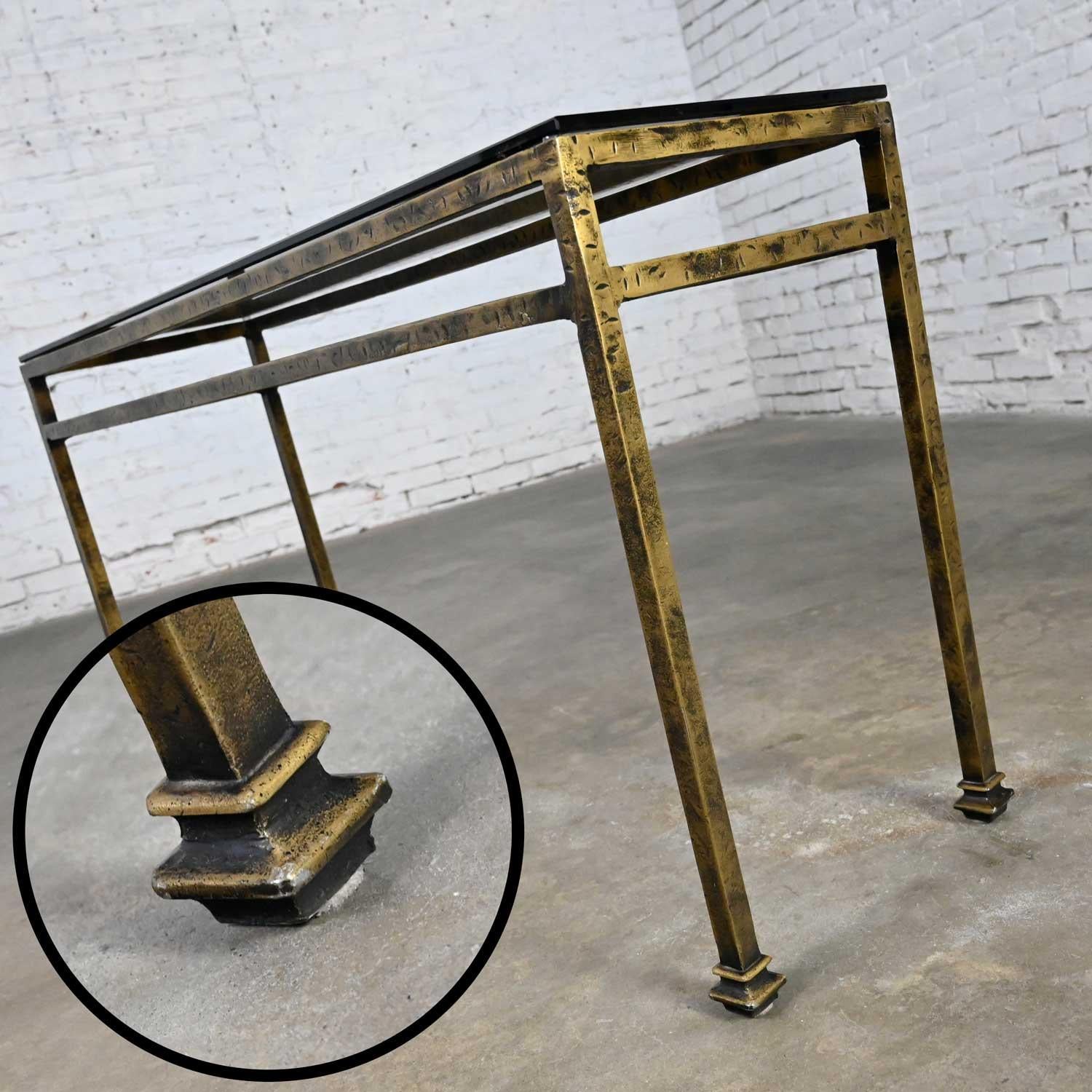 Modern Iron Console Sofa Table Gold Hammered Look & Smoked & Beveled Glass Top For Sale 4