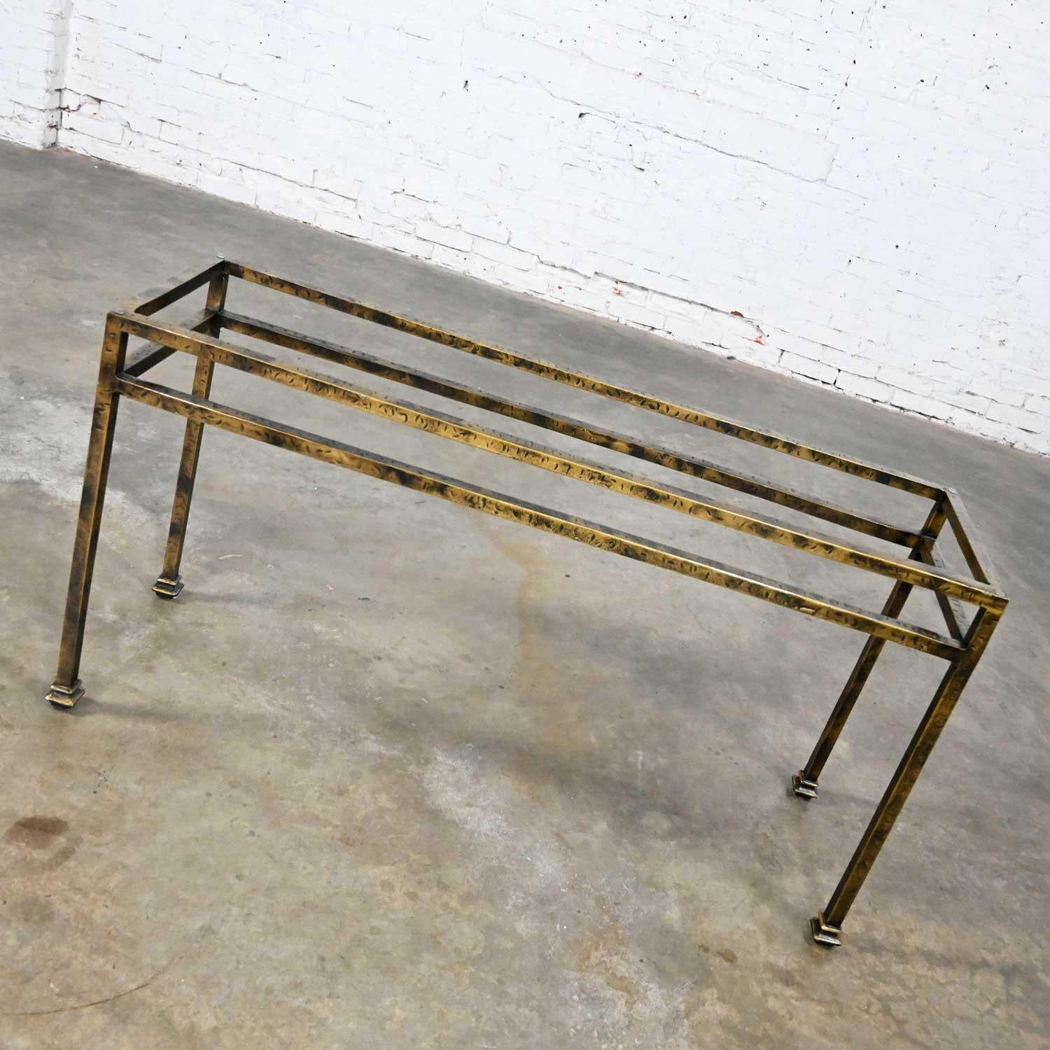 Modern Iron Console Sofa Table Gold Hammered Look & Smoked & Beveled Glass Top For Sale 5