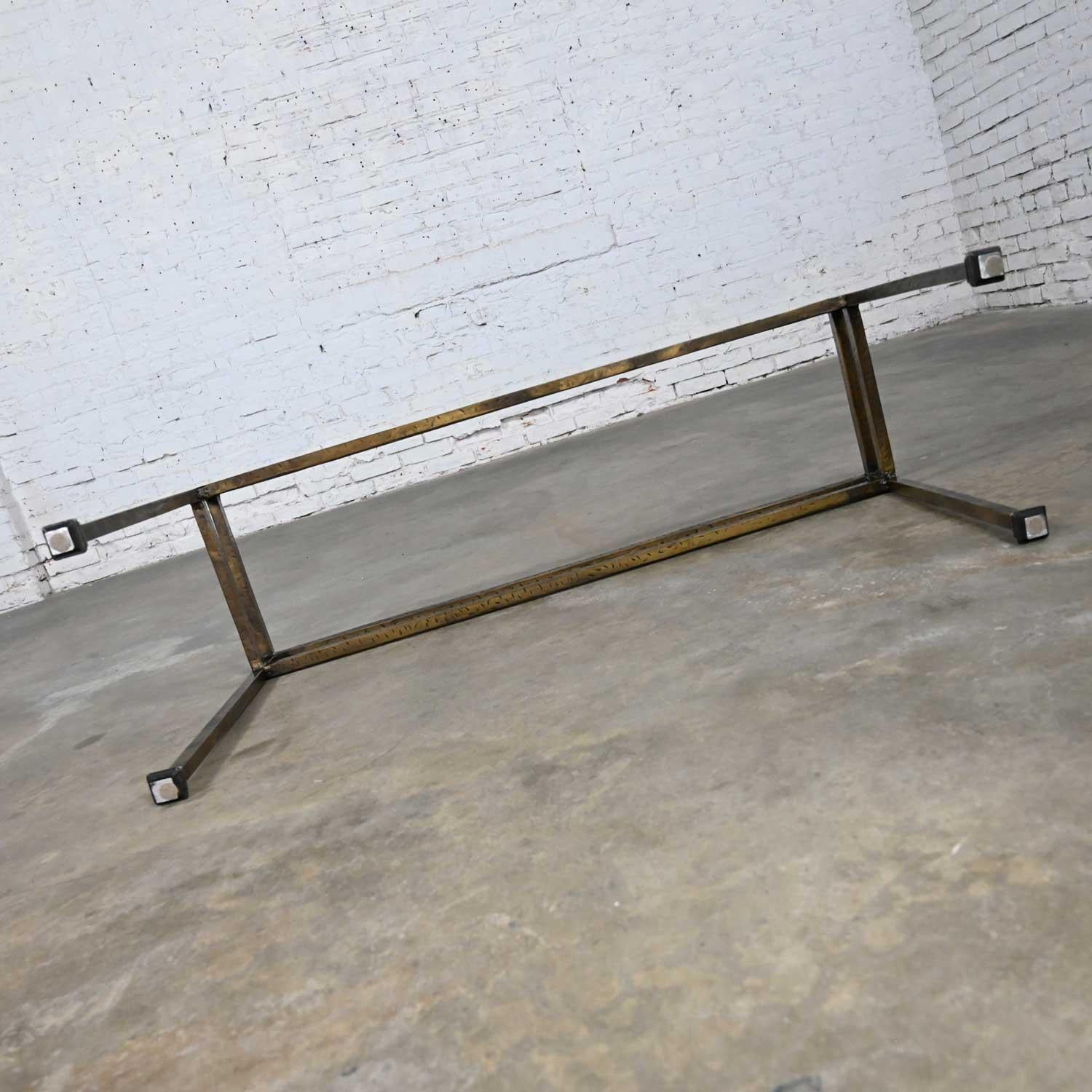 Modern Iron Console Sofa Table Gold Hammered Look & Smoked & Beveled Glass Top For Sale 7