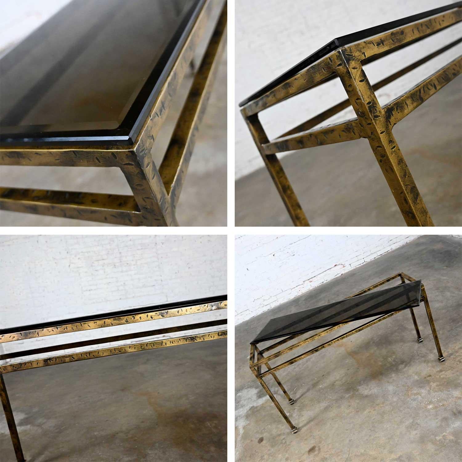 Modern Iron Console Sofa Table Gold Hammered Look & Smoked & Beveled Glass Top For Sale 8