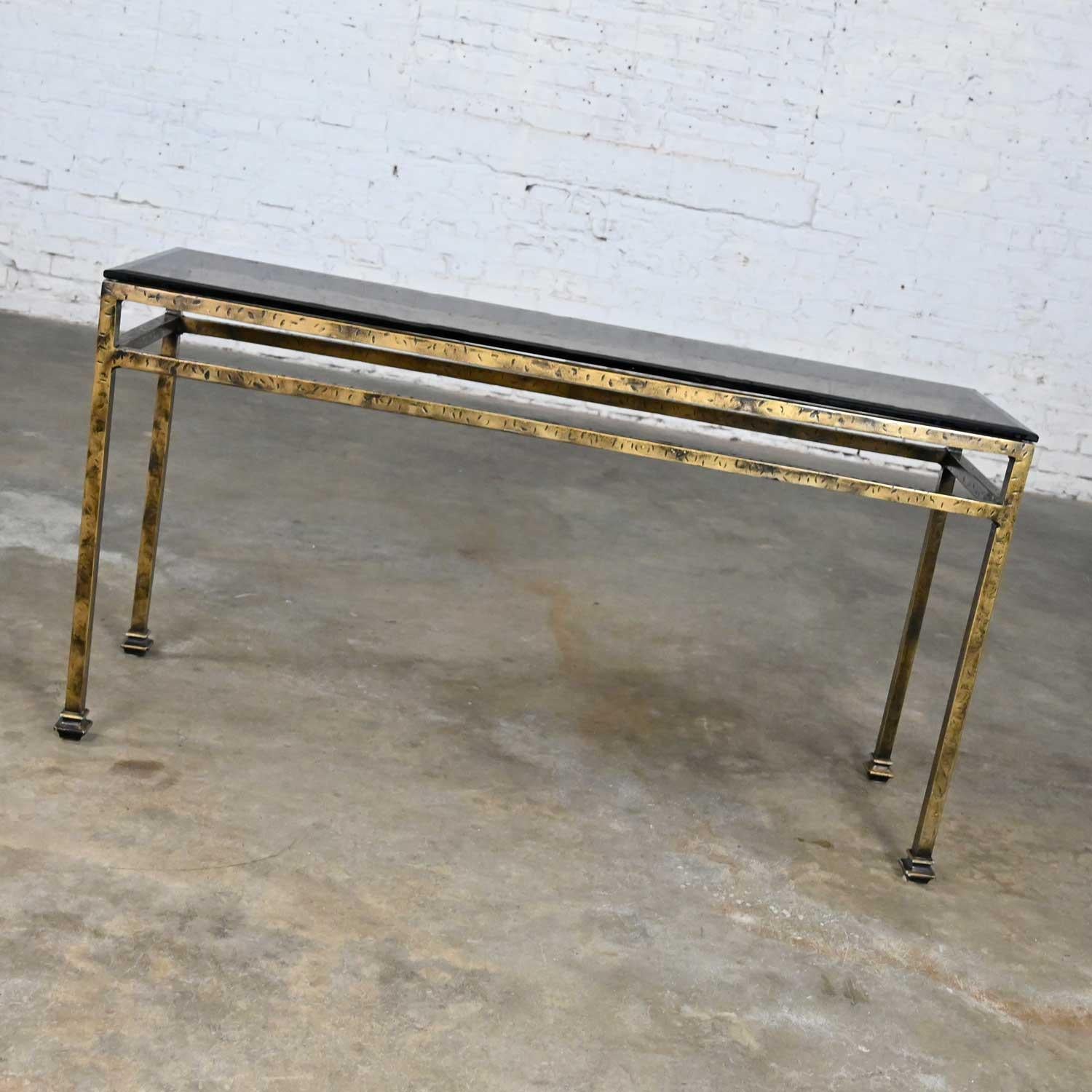 Unknown Modern Iron Console Sofa Table Gold Hammered Look & Smoked & Beveled Glass Top For Sale