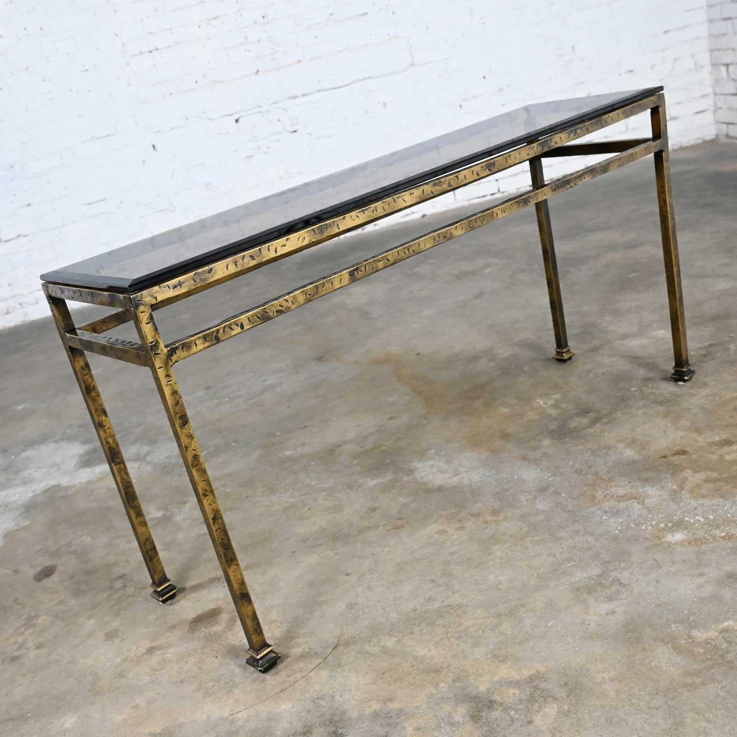 Modern Iron Console Sofa Table Gold Hammered Look & Smoked & Beveled Glass Top In Good Condition For Sale In Topeka, KS