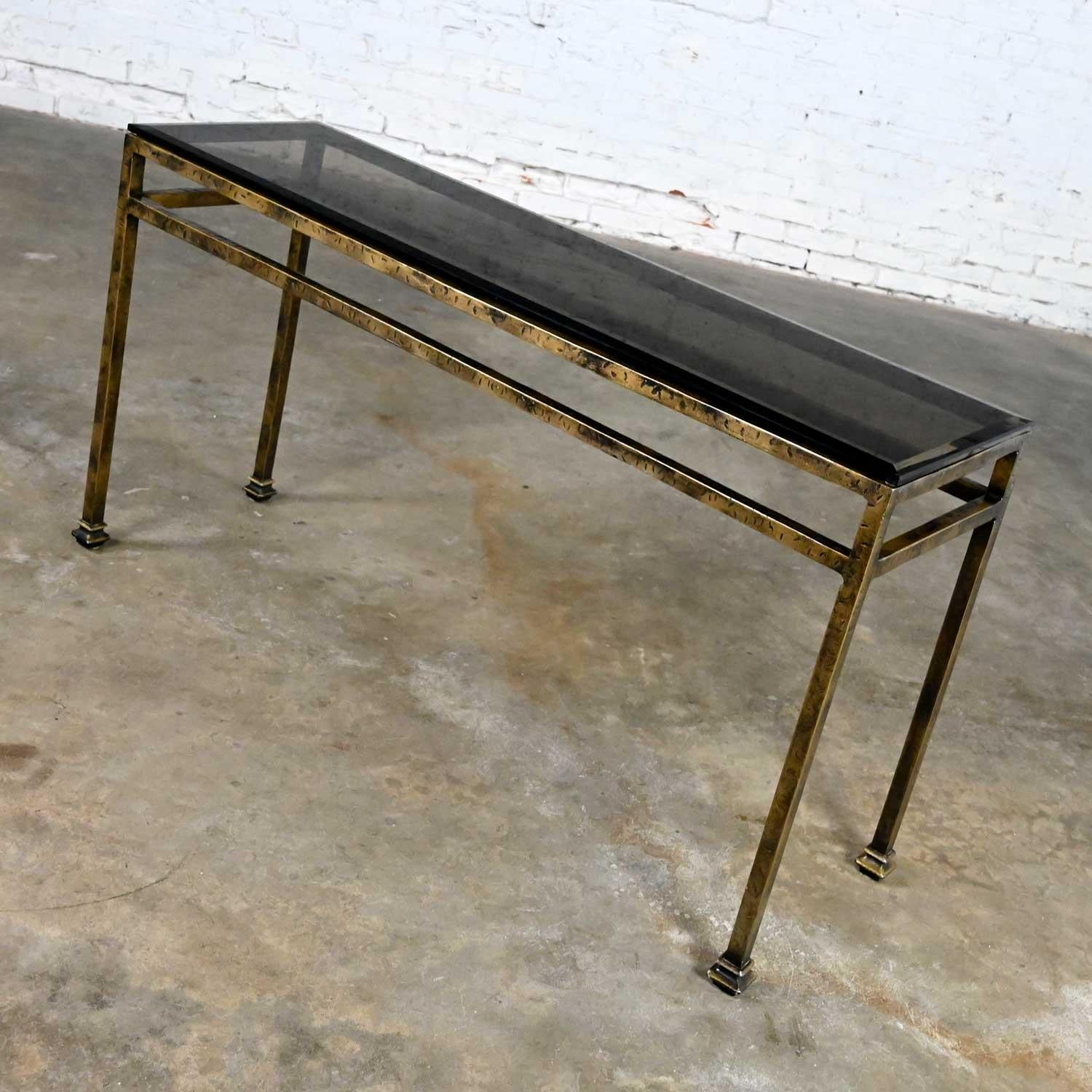 20th Century Modern Iron Console Sofa Table Gold Hammered Look & Smoked & Beveled Glass Top For Sale