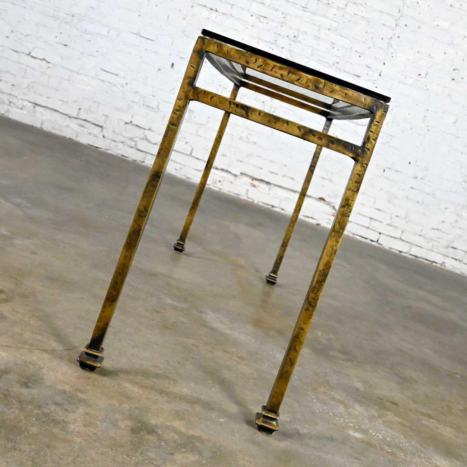 Smoked Glass Modern Iron Console Sofa Table Gold Hammered Look & Smoked & Beveled Glass Top For Sale