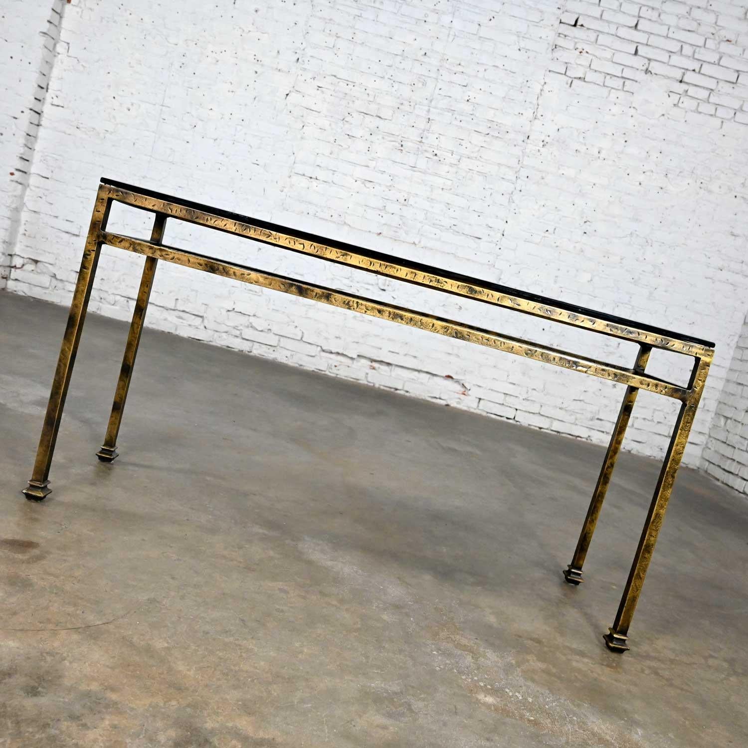 Modern Iron Console Sofa Table Gold Hammered Look & Smoked & Beveled Glass Top For Sale 1