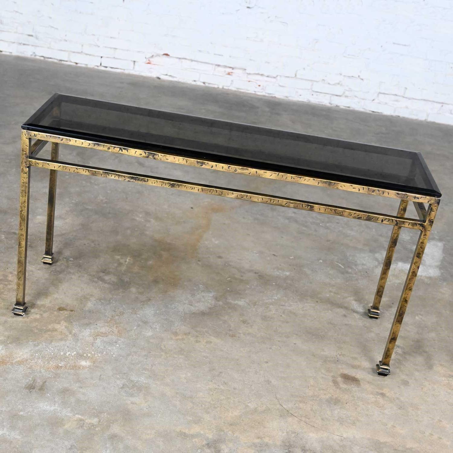 Modern Iron Console Sofa Table Gold Hammered Look & Smoked & Beveled Glass Top For Sale 2