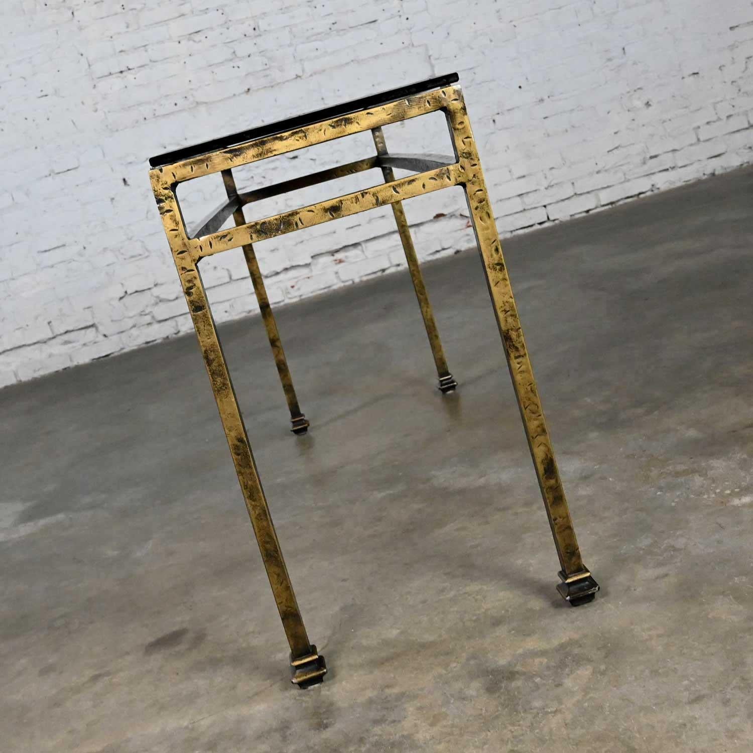 Modern Iron Console Sofa Table Gold Hammered Look & Smoked & Beveled Glass Top For Sale 3
