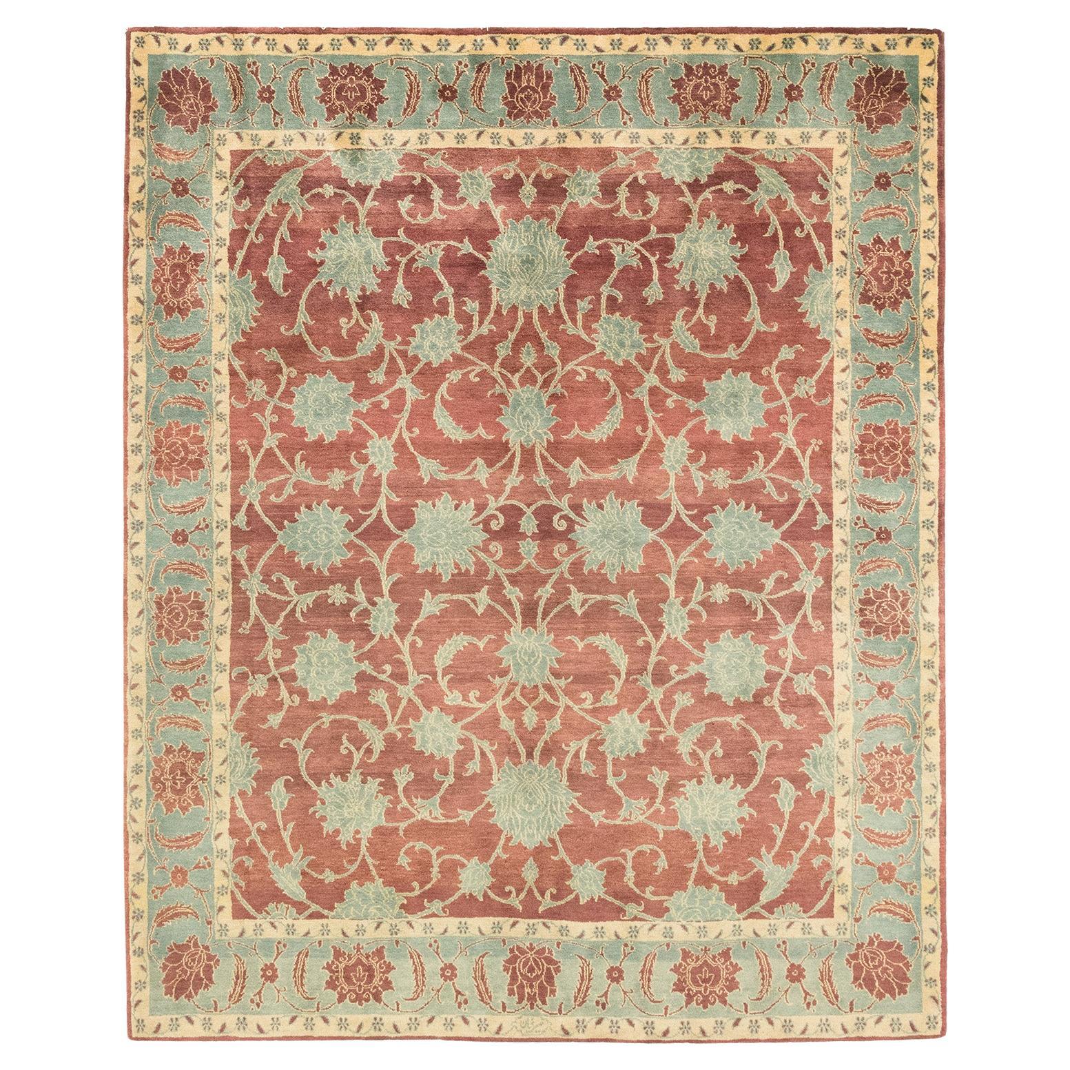 Modern Isfahan Rug, Hand Knotted, 8.1 × 6.6 ft – Wine Red, Light Blue and Ivory