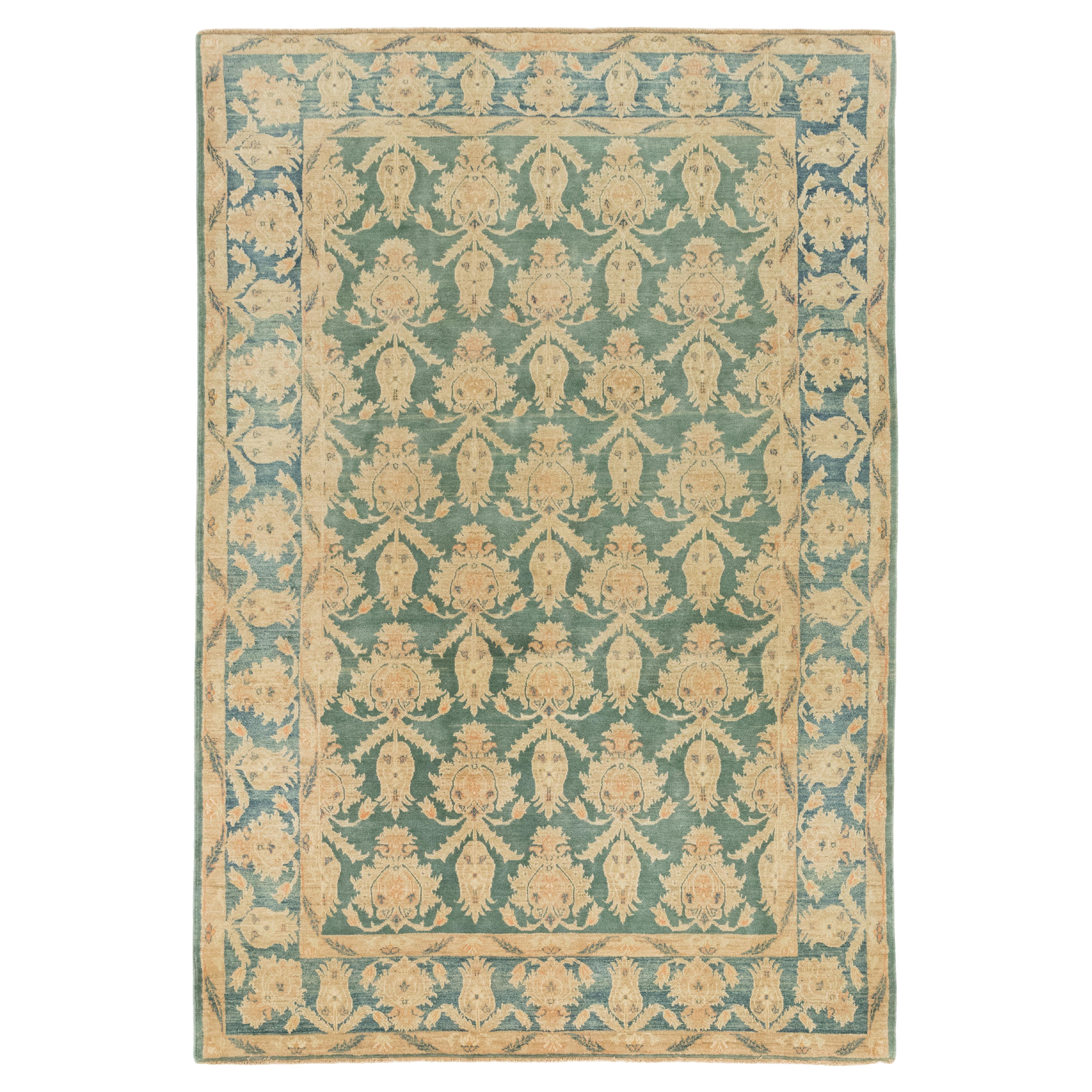 Modern Isfahan Rug, Hand Knotted, 9.2 × 6.2 ft – Sage Green, Beige and Ivory in vendita